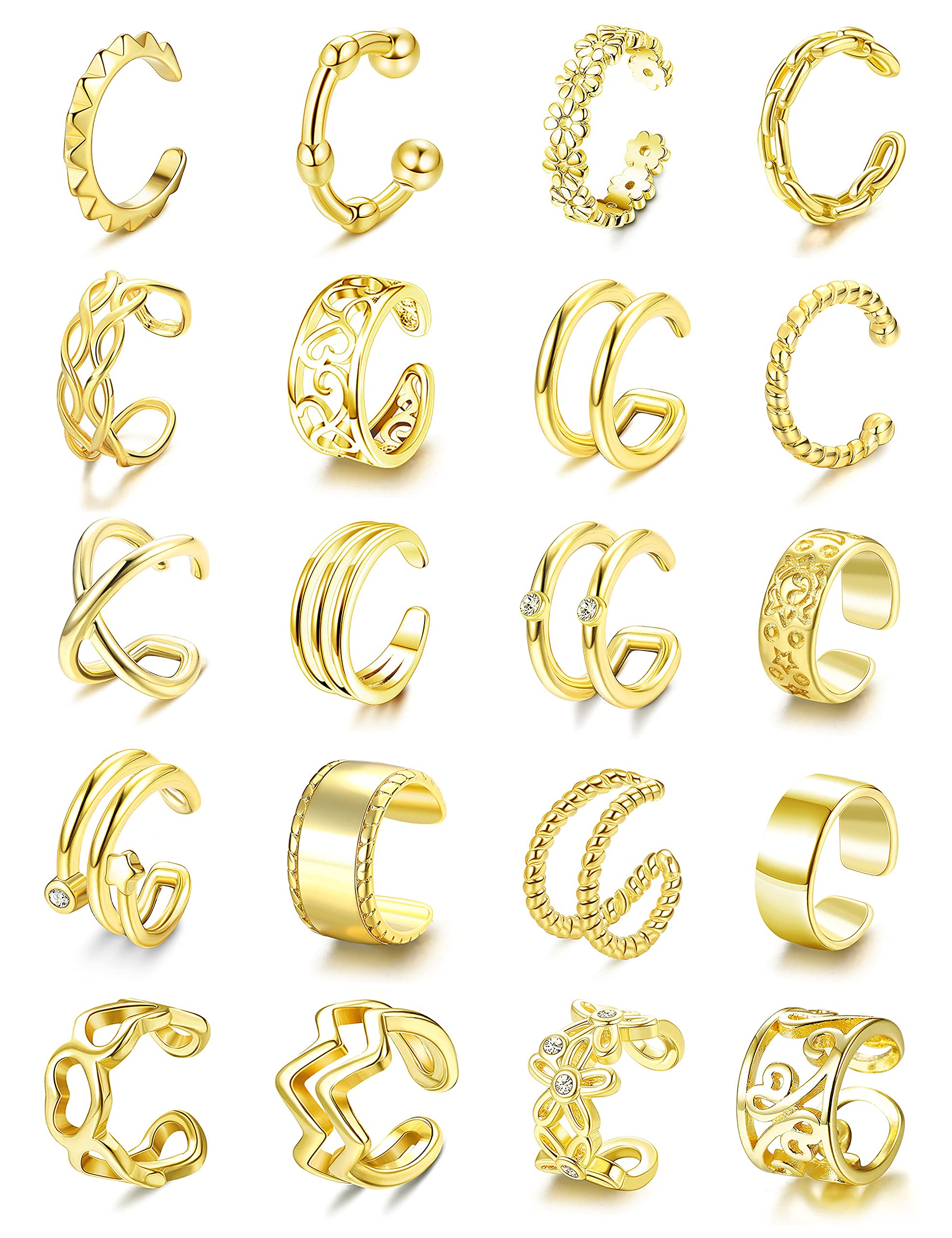 LOYALLOOK 20PCS Adjustable Non-Piercing Ear Cuffs for Women - Stainless Steel Clip On Cartilage Earrings, Fake Helix & Nose Rings - Perfect for Parties, Weddings & Everyday Fashion Accessories