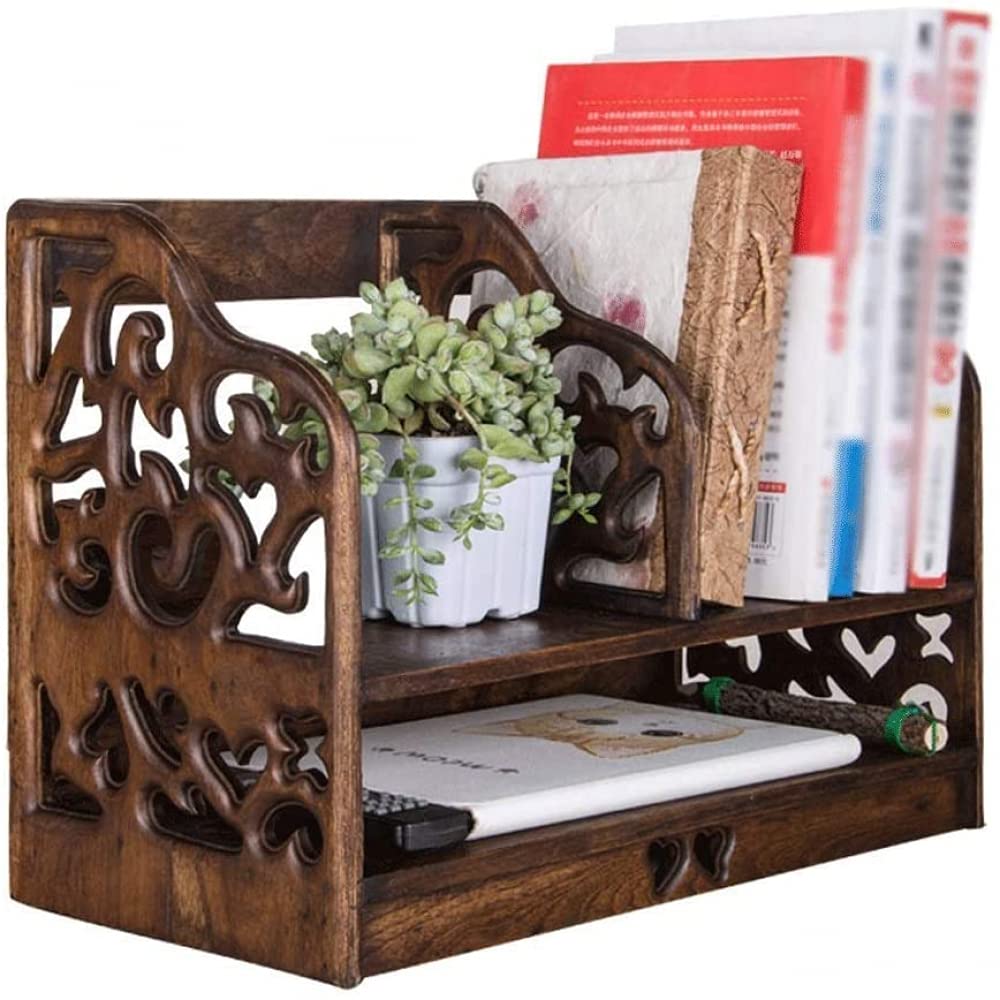 Vintage Solid Wood Bookcase Shelf - Double Layer Desktop Organizer for Books, Documents & Display - Retro Home Office Storage Solution for Study, Living Room & Bedroom