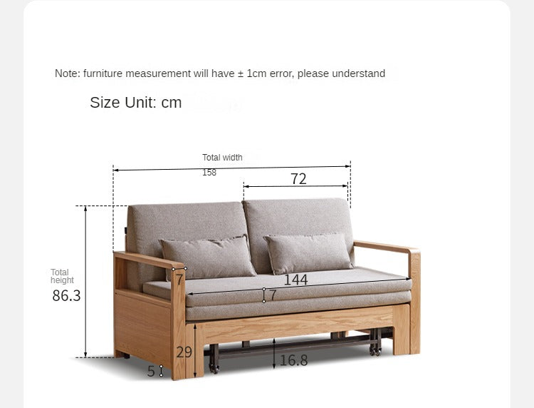 Solid Oak Wood Sofa Bed - Modern Multifunctional Convertible Sleeper for Small Spaces | Living Room, Guest Room & Studio Apartment Furniture