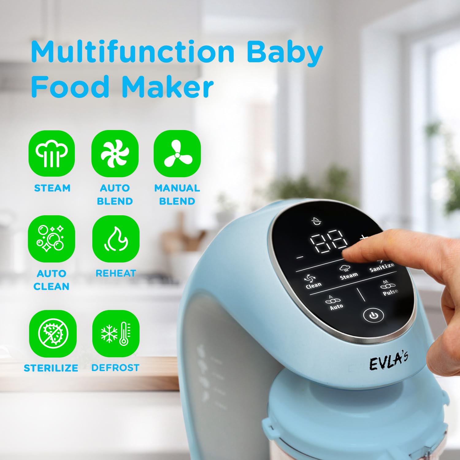 EVLA'S Baby Food Maker & Steamer Blender - 6-in-1 Baby Food Processor for Healthy Homemade Purees | Touch Screen Control with 6 Reusable Food Pouches | Perfect Baby Shower Gift & Registry Essential (Blue) | Ideal for Making Organic Baby Food at Home, Travel & Daycare Meals