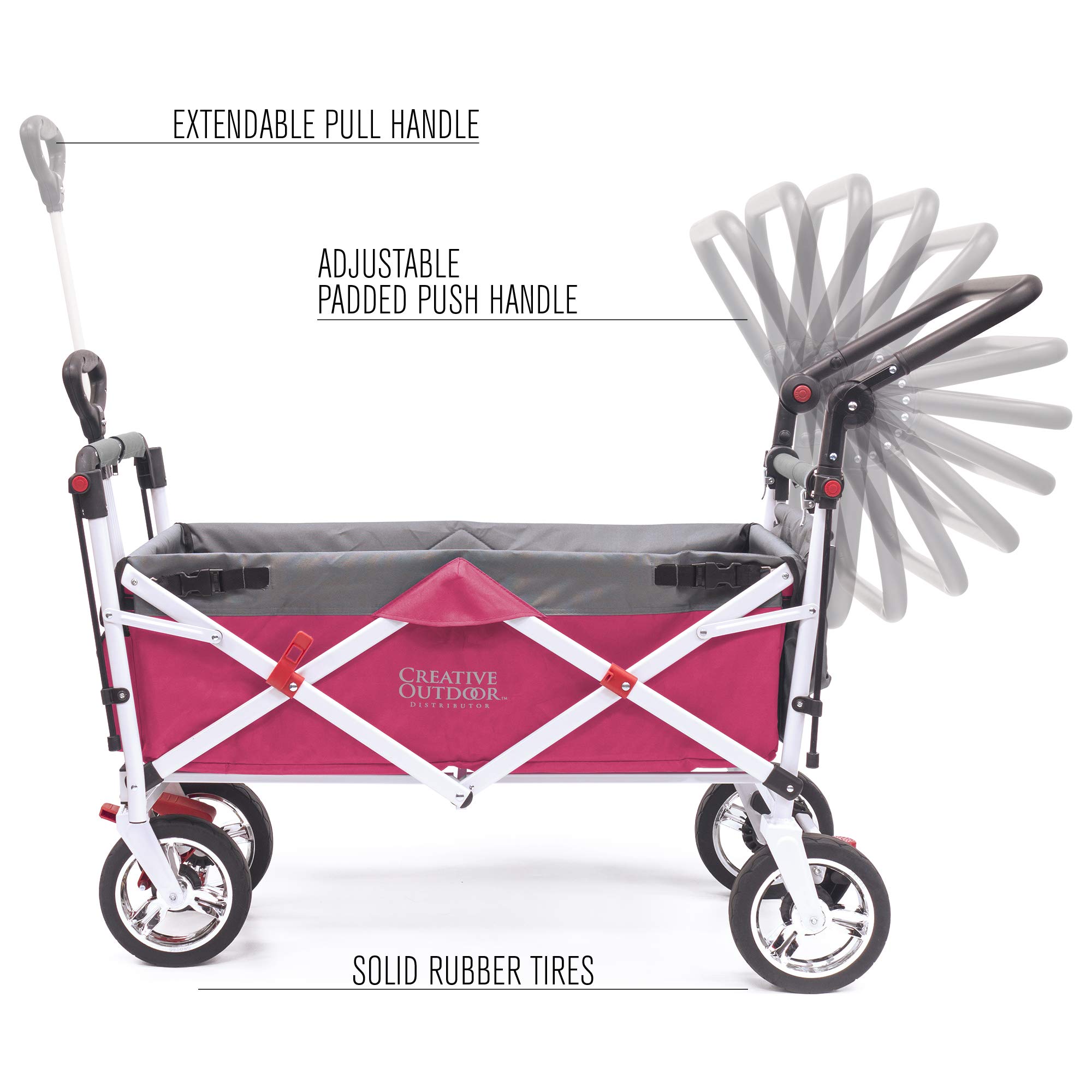 Creative Outdoor Wagon for Kids - Push & Pull Collapsible Stroller with Canopy | Foldable Wagon for Beach, Park, Garden & Tailgate Parties | Silver Series Plus in Pink | Perfect for Family Outings, Picnics & Outdoor Adventures
