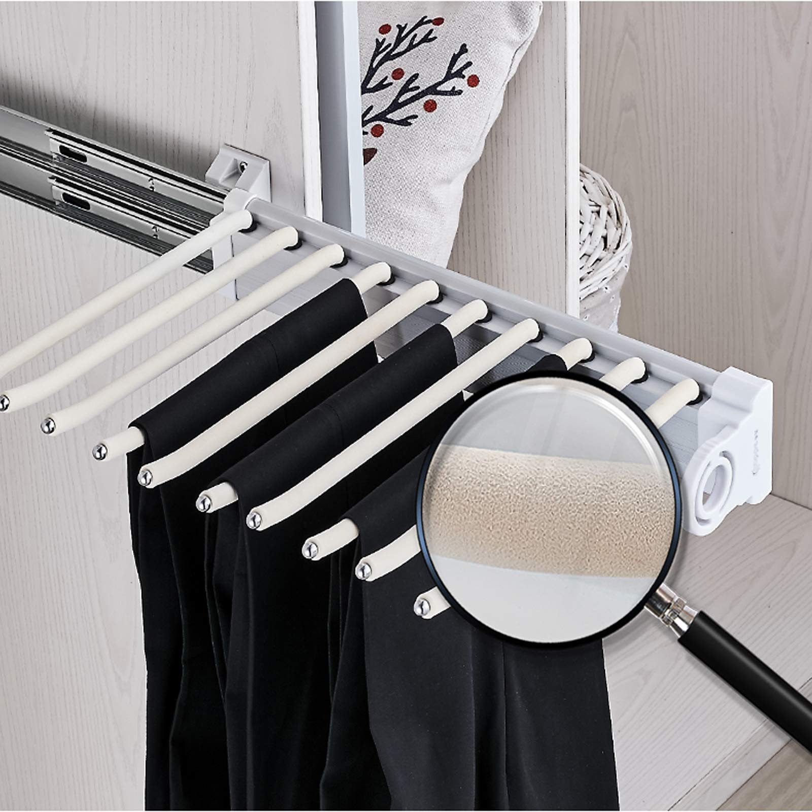 10-Arm Pull Out Pants Rack - Heavy Duty Trousers Hanger Bar with 88lbs Capacity (18.2x12.4in, Brown) - Space Saving Closet Organizer for Bedroom, Walk-in Closet & Laundry Room Storage