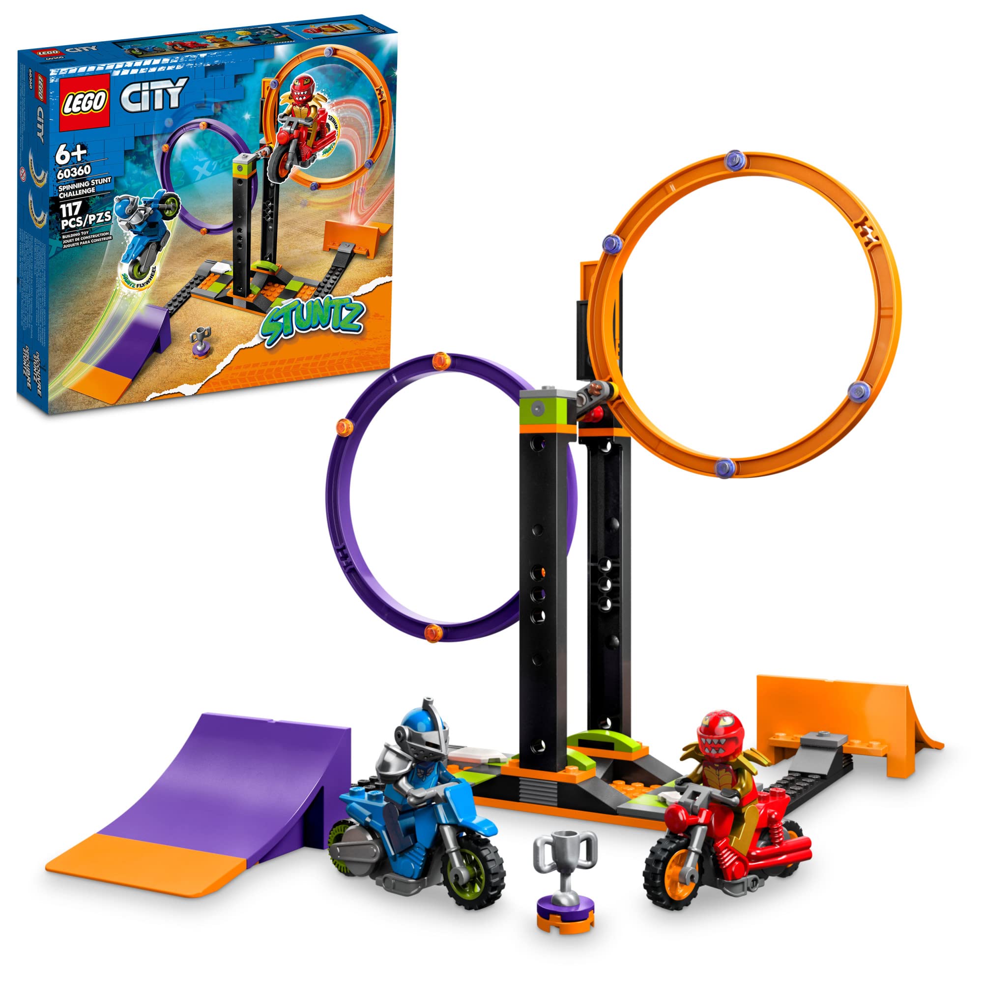 LEGO City Stuntz Spinning Stunt Challenge 60360 - 1 or 2 Player Racing Game with Motorcycle Toys for Kids Ages 6+, Includes 2 Minifigures & Ramps - Perfect Birthday Gift for Boys and Girls | Indoor Play, Family Game Night, STEM Learning Activity