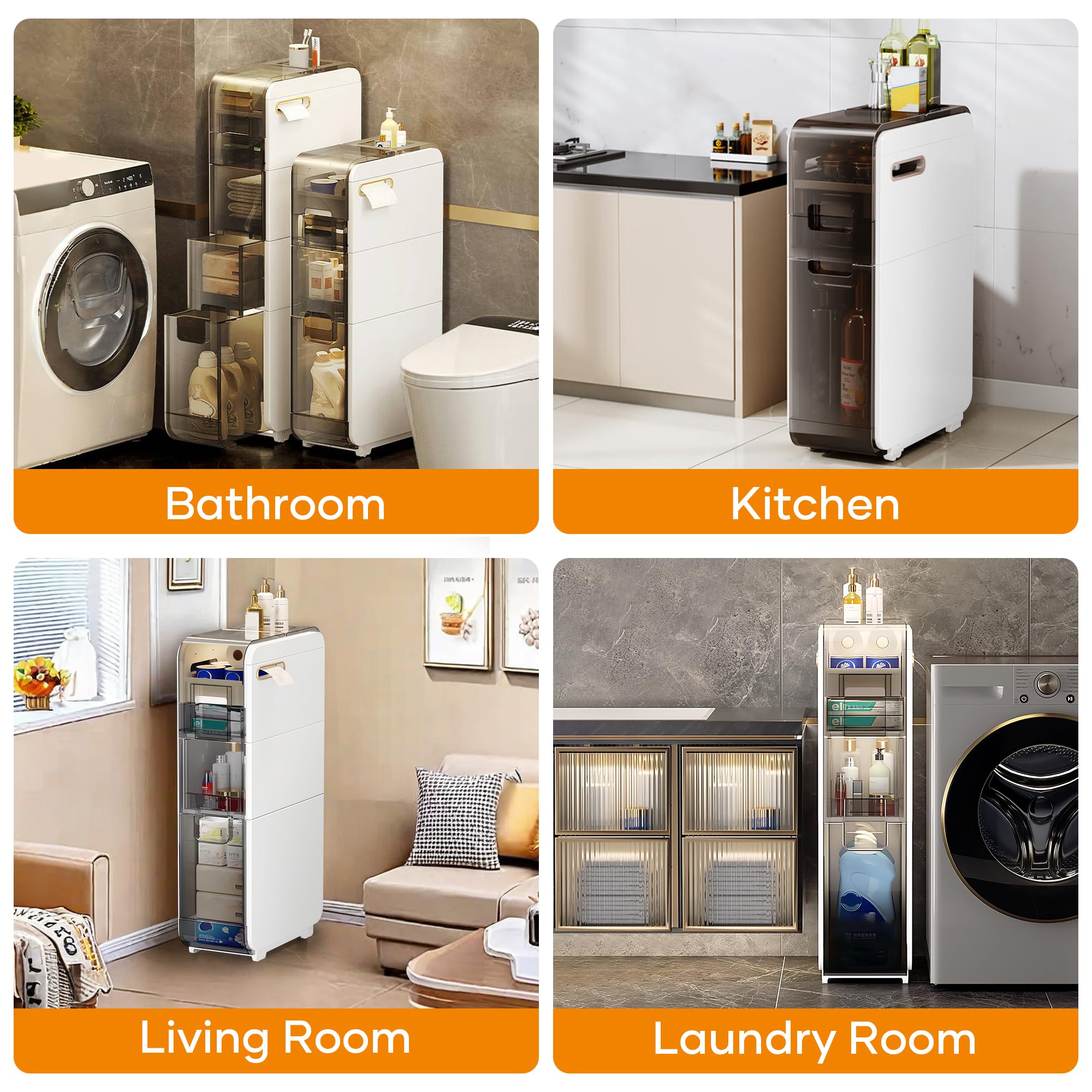 4-Tier Slim Bathroom Storage Cabinet with Drawers & Toilet Paper Holder - Space-Saving Narrow Organizer for Small Bathrooms, Kitchen, Laundry Room - Durable Plastic Floor Cabinet for Toiletries, Towels & Cleaning Supplies (Perfect for Apartments & Compact Spaces)