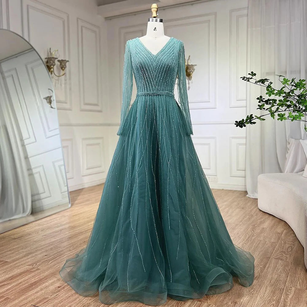 Elegant Muslim Turquoise Beaded A-Line Evening Dress for Dubai Luxury Formal Events - Serene Hill LA72228 | Perfect for Weddings, Galas, and Special Occasions