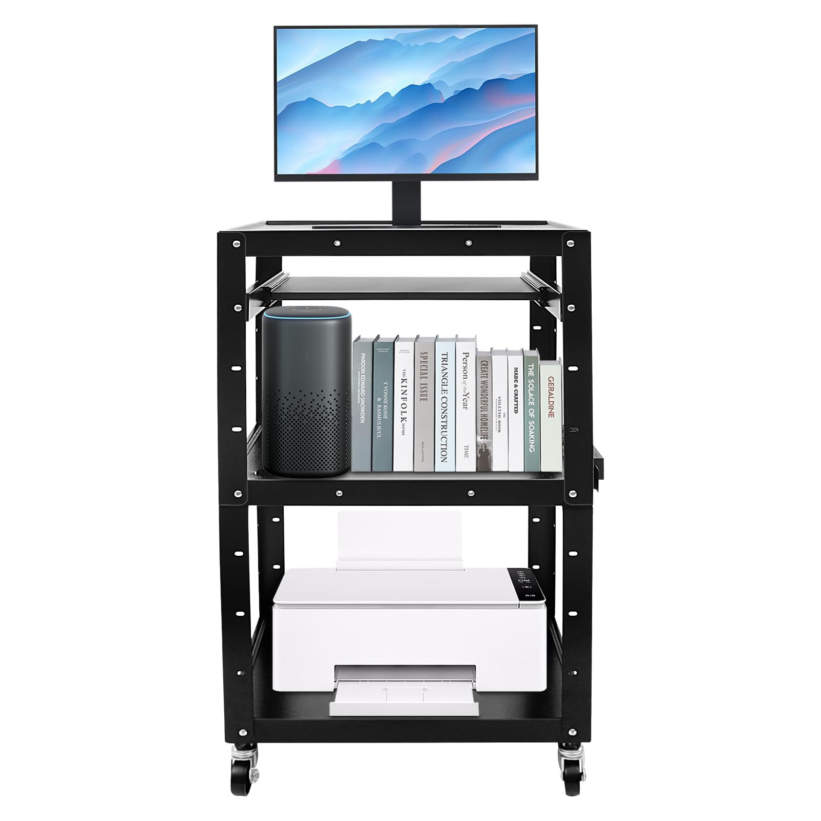 42 Inch Adjustable Height AV Media Cart with Wheels - 4-Tier Steel Rolling Stand for Laptop, Notebook & Keyboard - Mobile Office & Home Use for Presentations, Classrooms & Workspaces