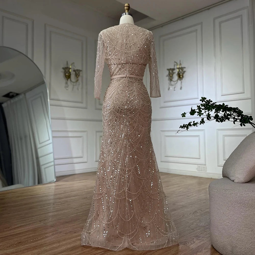 Elegant Dubai Beaded Nude Spaghetti Strap Mermaid Gown with Detachable Long Sleeve Jacket - Formal Evening Dress for Prom, Wedding & Gala Events LA72160C