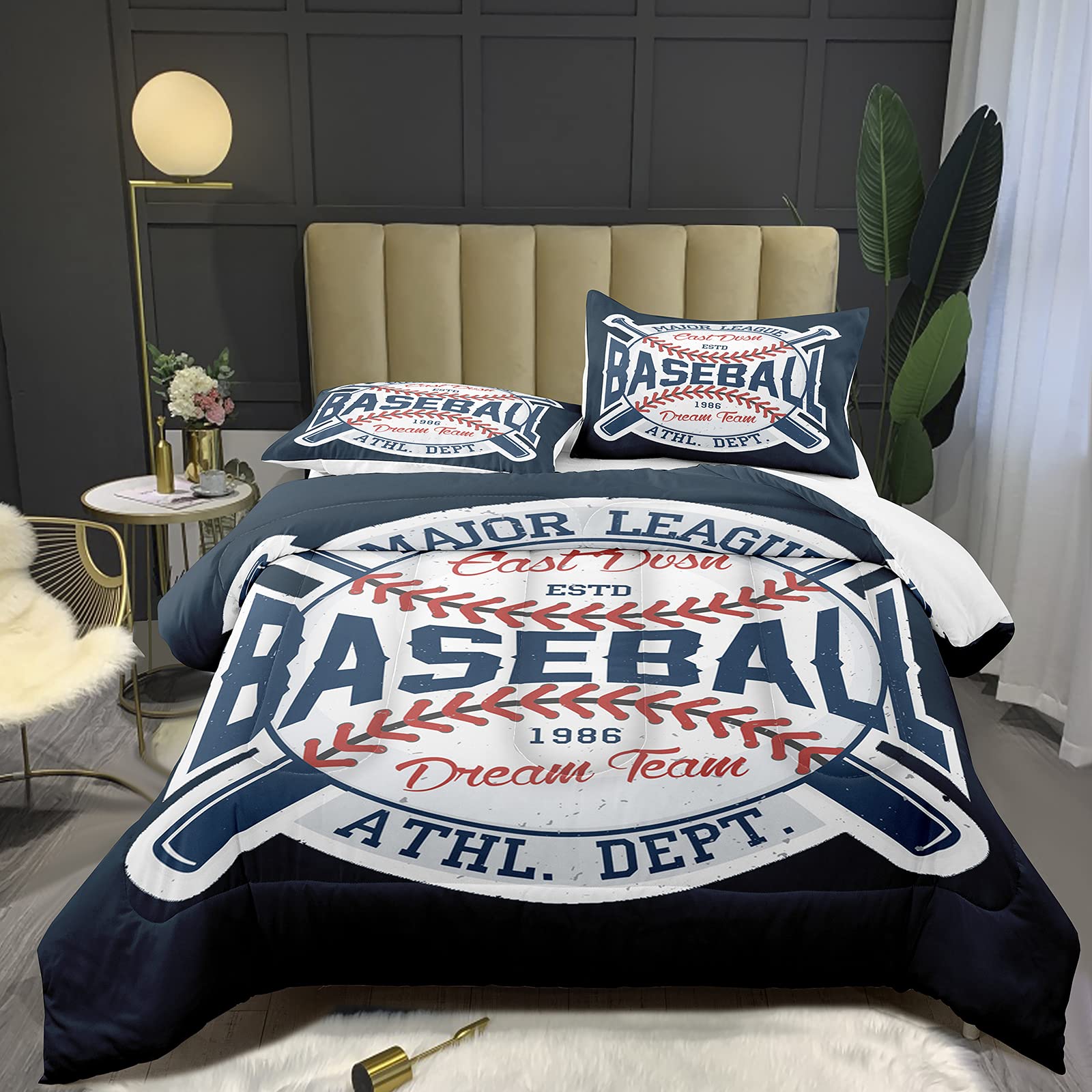 Bodhi Baseball Comforter Set Twin Size - Dark Blue Sports Bedding for Boys & Kids with Matching Pillowcases | Baseball Theme Quilt Set #4015 | Perfect for Kids' Bedrooms, Dorm Rooms & Baseball Themed Decor