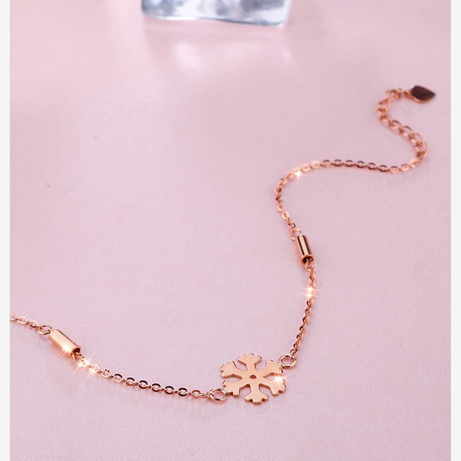 18K Rose Gold Bracelet for Women - Elegant Snowflake & Bar Charm Bridesmaid Jewelry, Adjustable 16cm+2cm Rolo Chain - Perfect for Weddings, Anniversaries & Special Occasions