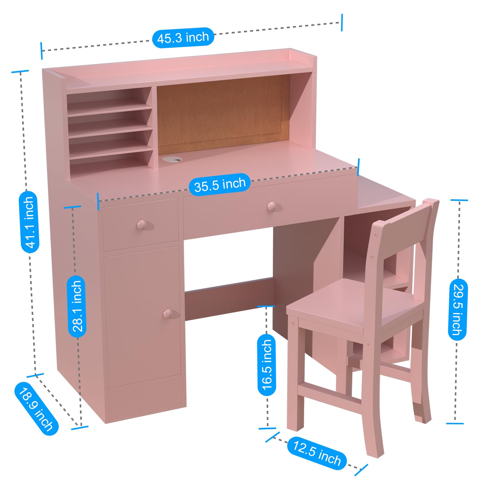 Pink Kids Study Desk and Chair Set for Ages 5-12 - Adjustable Children's Computer Desk with Bulletin Board, Storage Drawers & Cabinets - Perfect for Homework, Online Learning & Arts & Crafts