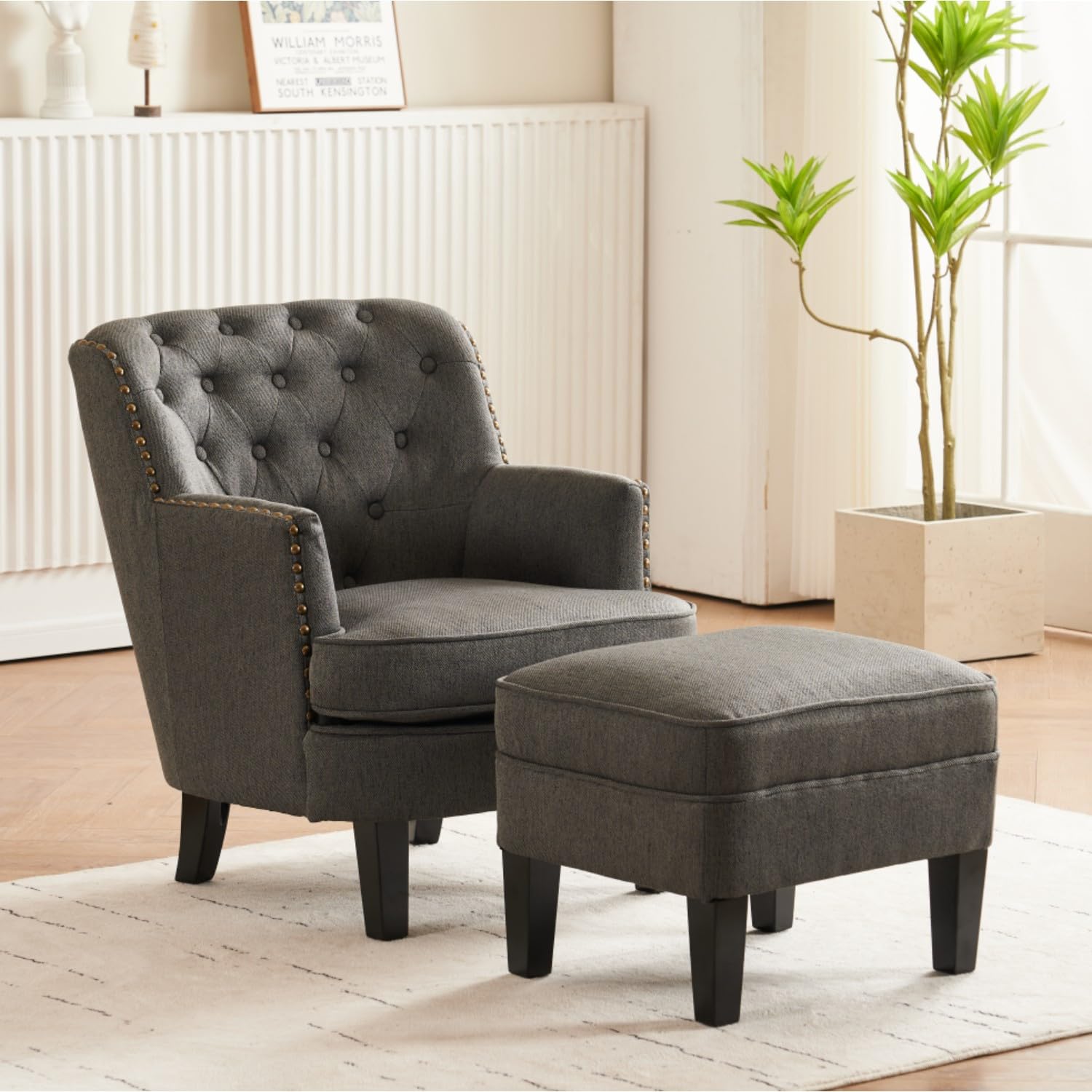 Mid Century Modern Tufted Club Chair with Ottoman - Dark Gray Upholstered Accent Armchair for Living Room, Bedroom & Office - Button Tufted Lounge Chair Perfect for Reading Nook, Home Theater Seating and Guest Room Decor