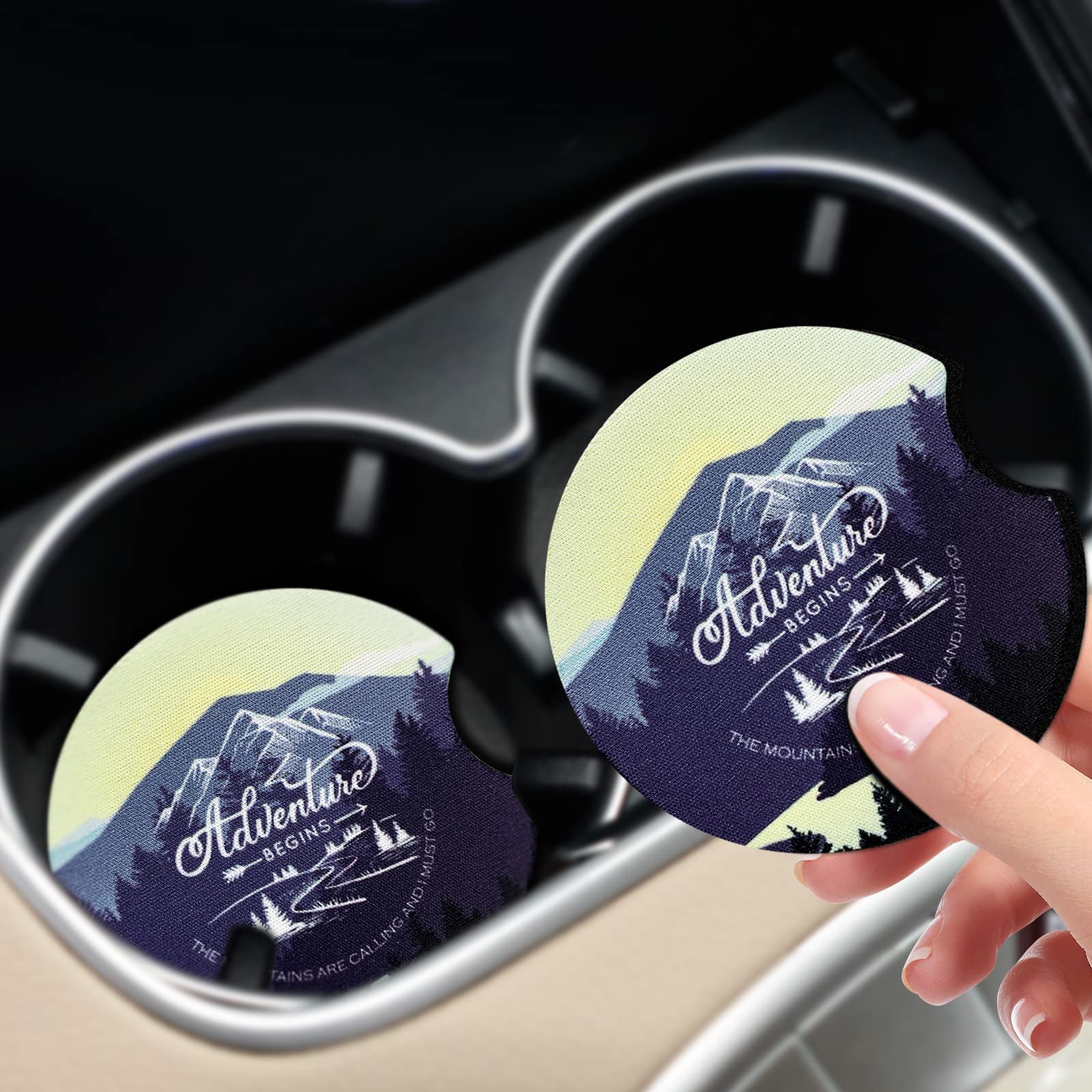 2 Pack Mountain Adventure Pattern Car Cup Holder - Universal Anti-Slip Auto Coaster Insert for Cars, SUVs & Trucks | Durable Interior Accessories for Men & Women | Perfect for Road Trips, Commuting & Outdoor Adventures