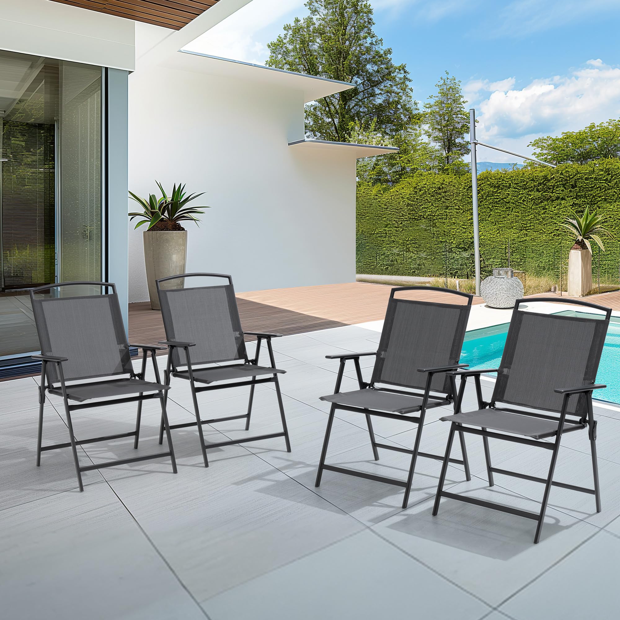 Pellebant Set of 4 Outdoor Folding Chairs with Armrests - Lightweight Patio Dining Chairs for Camping, Beach, Backyard, Garden & Poolside - Weather-Resistant Gray Furniture - Perfect for Outdoor Entertaining & Relaxation