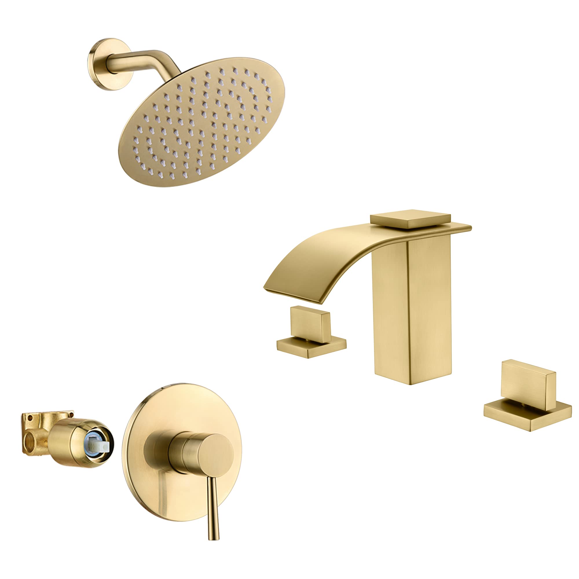 Brushed Gold Widespread Bathroom Faucet S1408BGW & Gold Shower Faucet S3221BGI Set - Luxury Bathroom Faucet Bundle for Modern Bathrooms, Powder Rooms & Spa Retreats