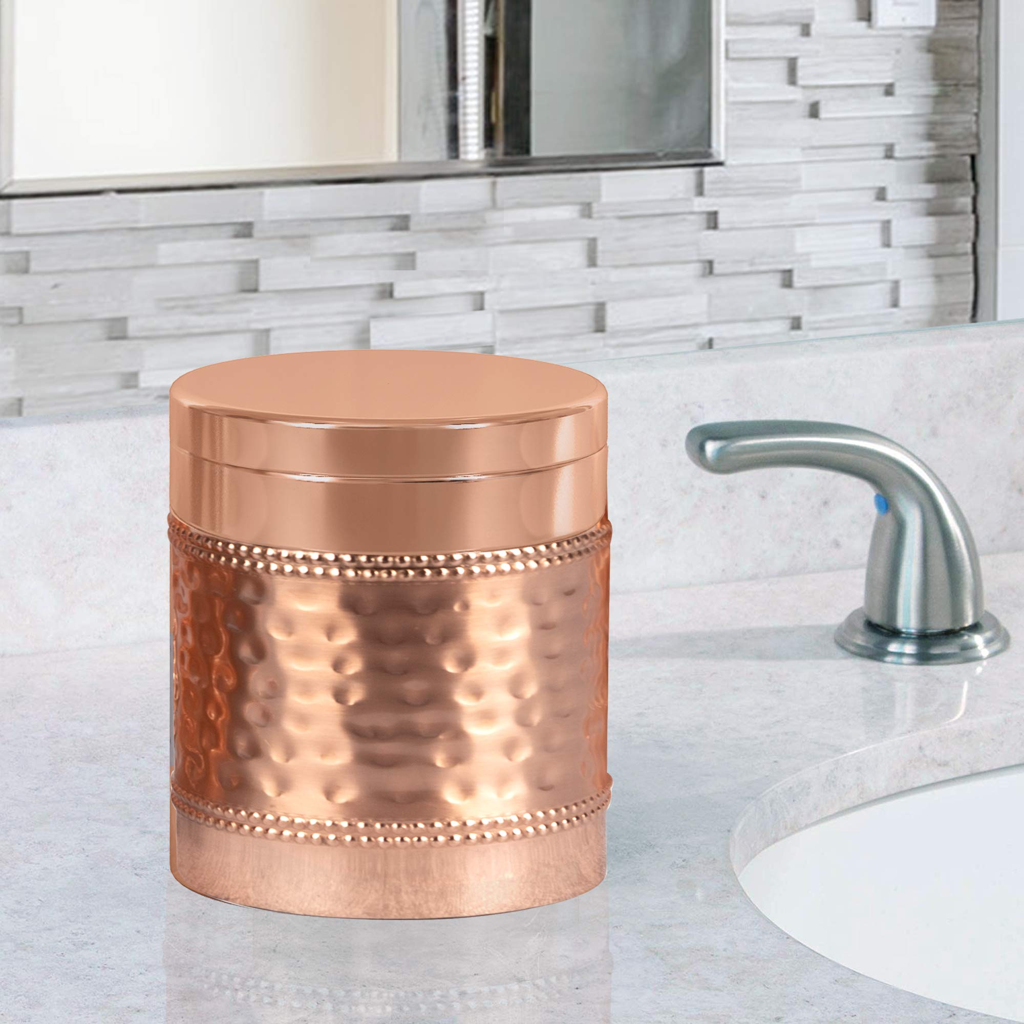 Premium Copper Plated Stainless Steel Q-Tip Holder & Jar - Elegant Bathroom Vanity Organizer for Cotton Swabs, Makeup Tools | Perfect for Bathroom Countertops, Dressers & Spa Decor
