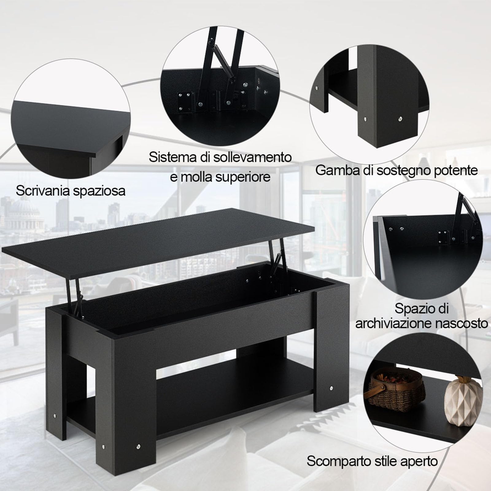 COSTWAY Modern Lift-Top Coffee Table with Hidden Storage Compartment, Wooden Living Room Sofa Table for Home & Office, 38.6'' x 29.1'' x 22'' (Black) - Perfect for Small Spaces, TV Snacking & Remote Storage