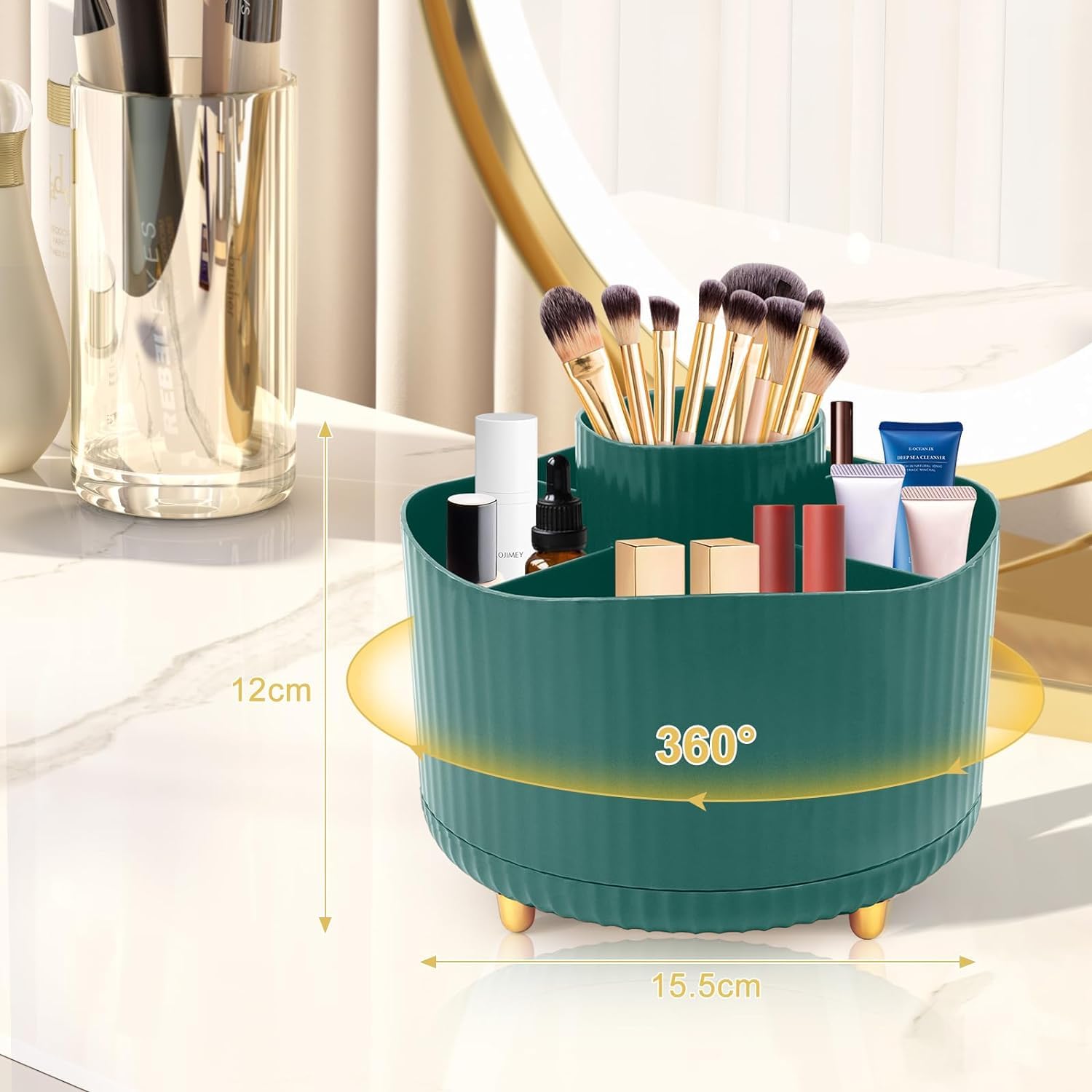 FreshDcart Stylish 5-Slot Rotary Makeup Organizer with Round Tray & Brush Holder - Dark Green Cosmetic Storage for Office Desk, Vanity, Bathroom | Perfect for Makeup Brushes, Lipsticks, Eyeliners & Beauty Tools Organization