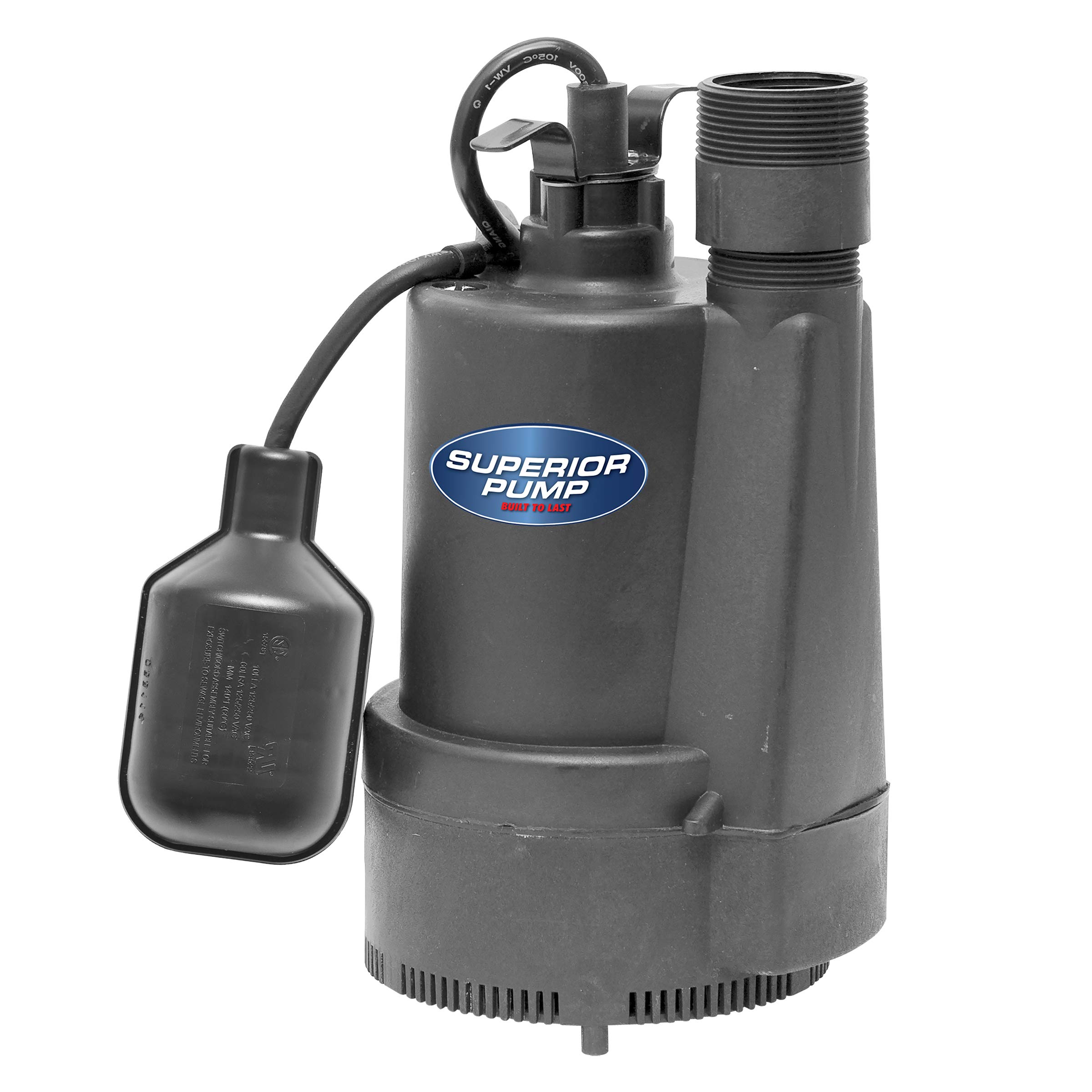 Superior Pump 92330 1/3 HP Thermoplastic Submersible Sump Pump with Tethered Float Switch - Heavy Duty Water Removal for Basements, Crawl Spaces & Flooded Areas
