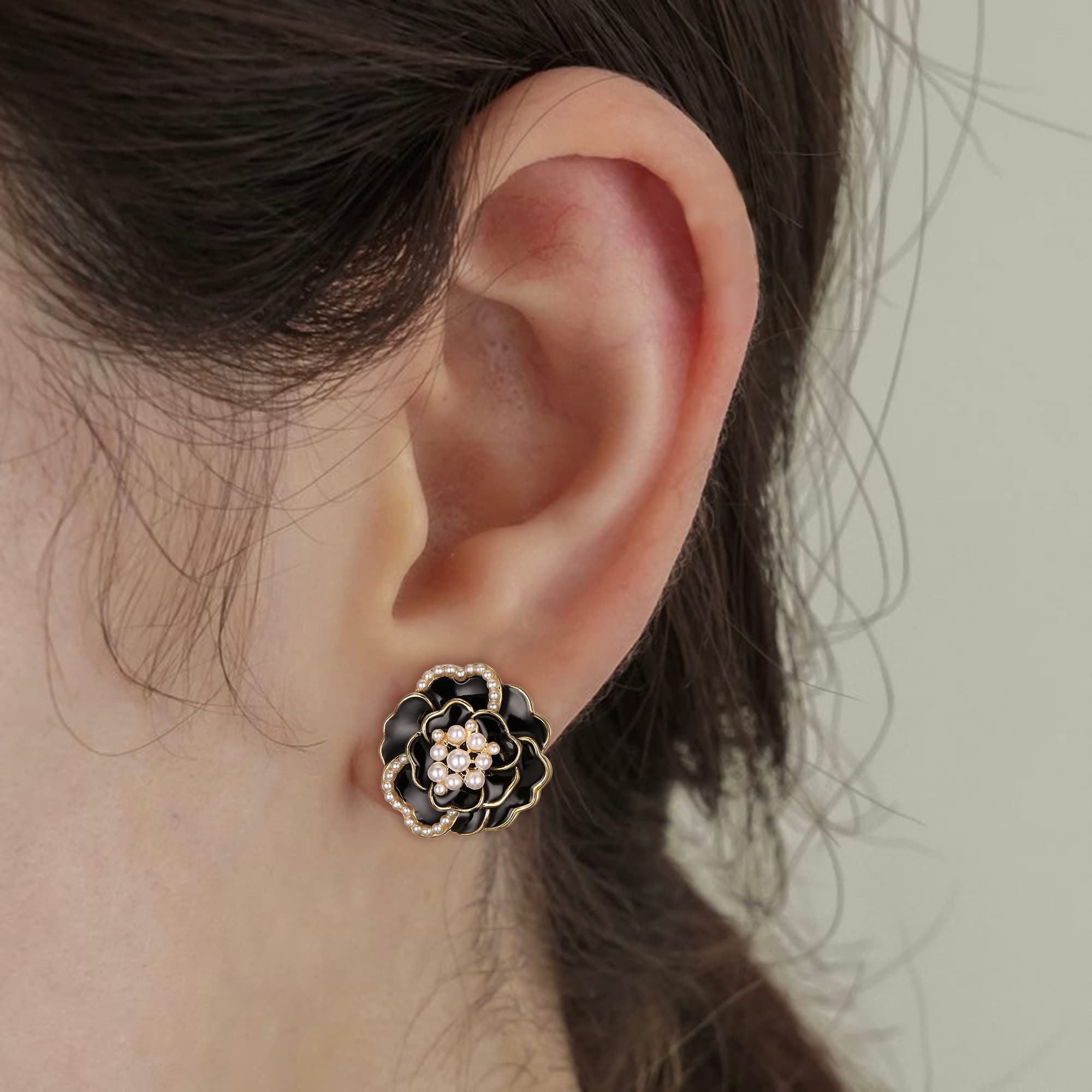 BriLove Fashion Simulated Pearl Enamel Rose Flower Stud Earrings for Women - Elegant Jewelry Gift for Brides, Party & Everyday Wear