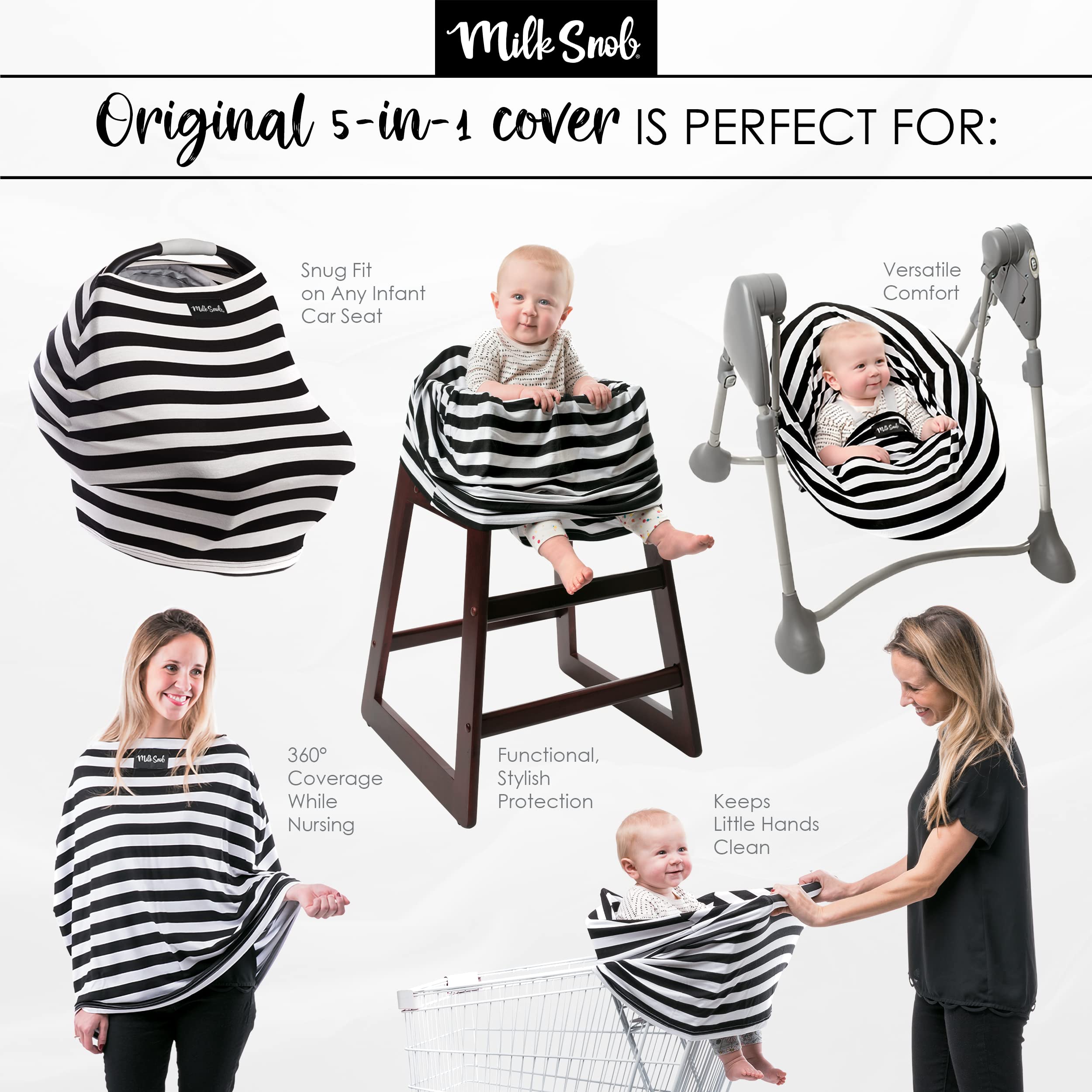 Milk Snob Original 5-in-1 Nursing Cover - Premium Baby Car Seat Cover, Stroller Canopy & High Chair Cover for Newborns - Breastfeeding Privacy Cover, Shopping Cart Protector & Lounger Canopy - Heather Gray Stripe - Perfect for Nursing, Travel & Outdoor Activities