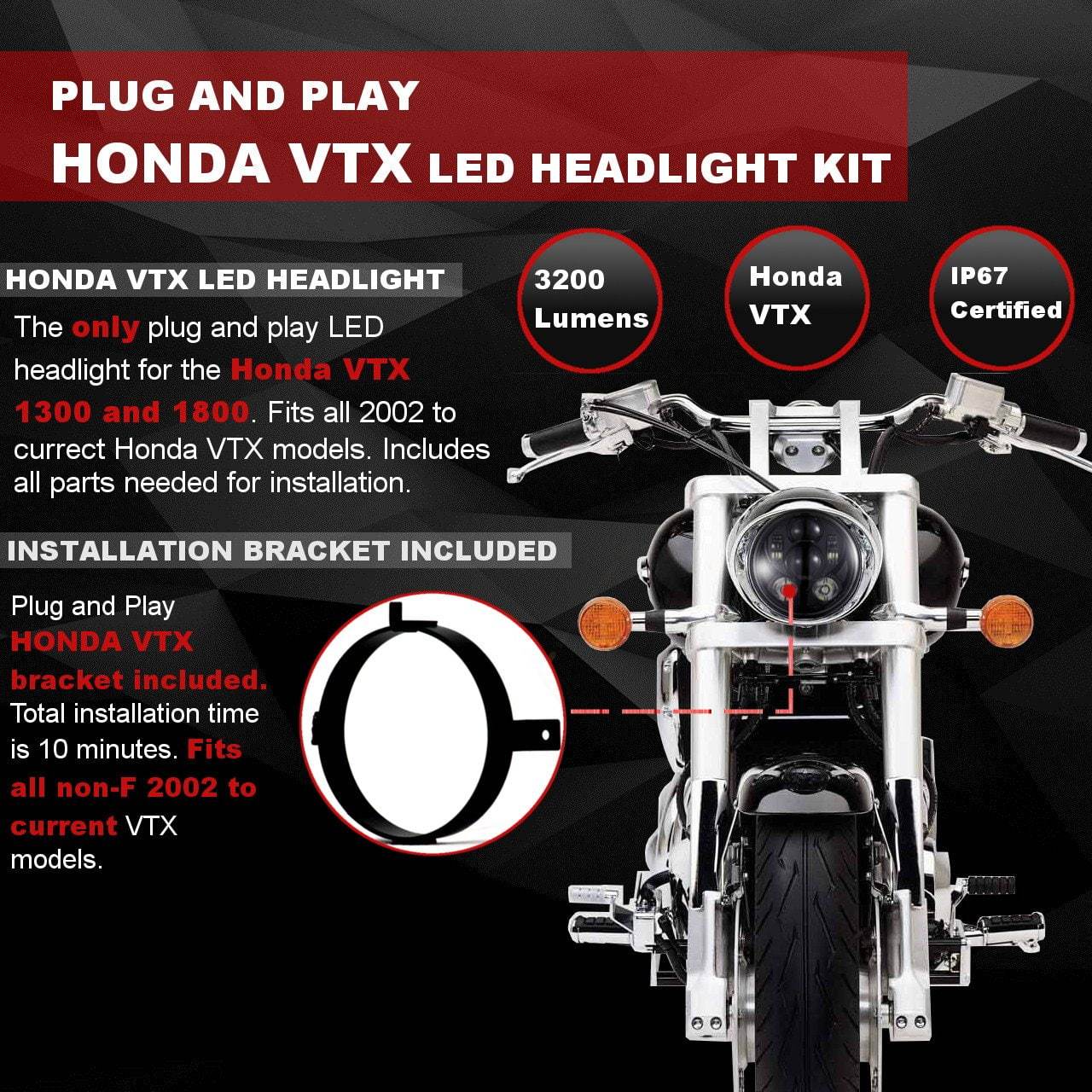 Eagle Lights Generation III LED Headlight Kit for Honda VTX 1300 & 1800 Motorcycles - High Brightness, Easy Installation with VTX Bracket & Hardware - Perfect for Night Riding and Enhanced Visibility