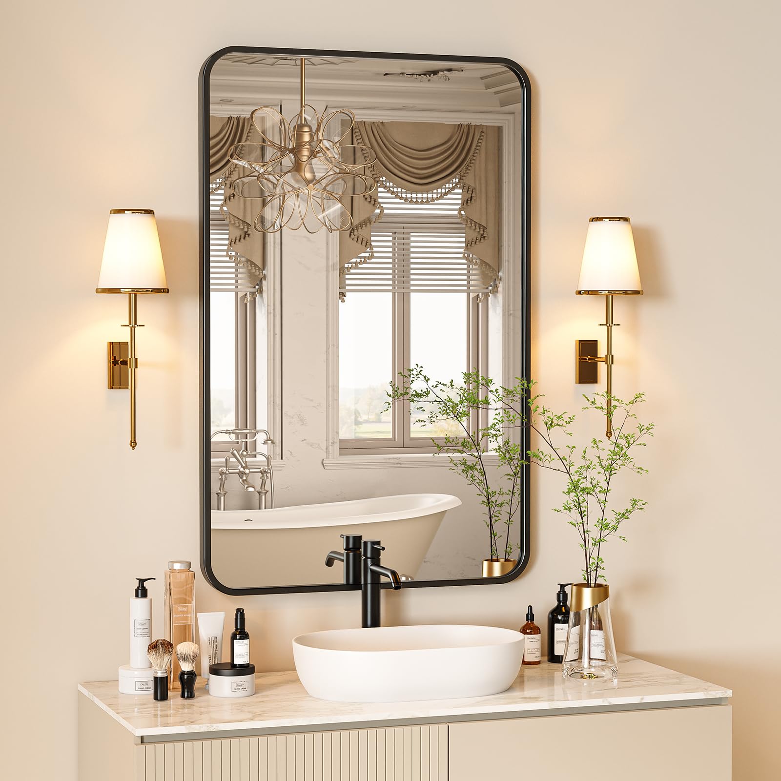 18x28 Inch Black Rectangle Bathroom Mirror with Metal Frame - Shatterproof Tempered Glass for Over Sink, Vanity Wall Mount - Perfect for Restroom, Powder Room & Toilet Decor