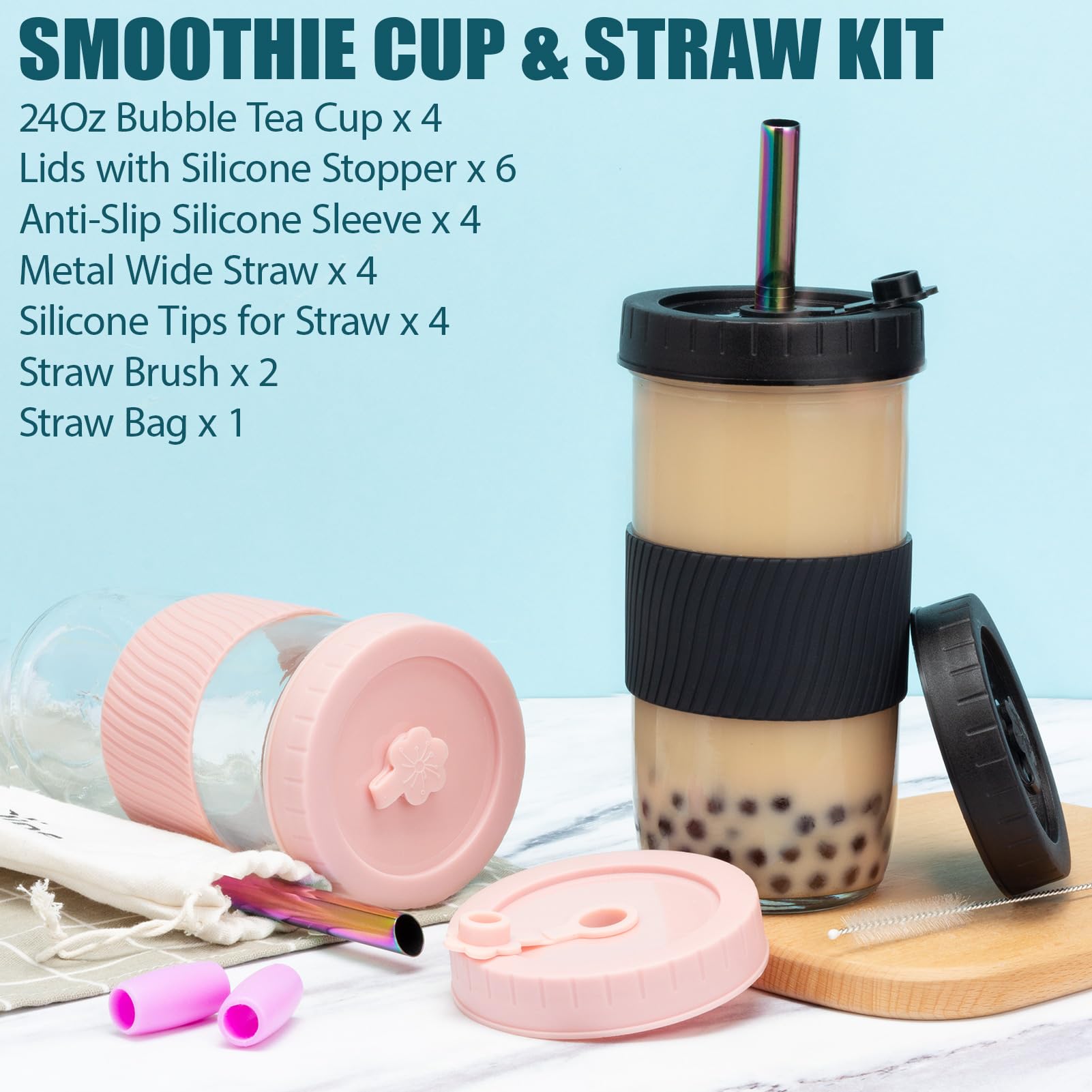 Reusable 24Oz Glass Mason Jars with Lids & Straws - 4 Pack Wide Mouth Smoothie Cups, Bubble Tea Glasses with Silicone Sleeves | Leakproof Travel Tumbler for Drinks, Water Bottle | Perfect for Iced Coffee, Juice, Milkshakes & Large Pearl Boba at Home, Office or On-the-Go