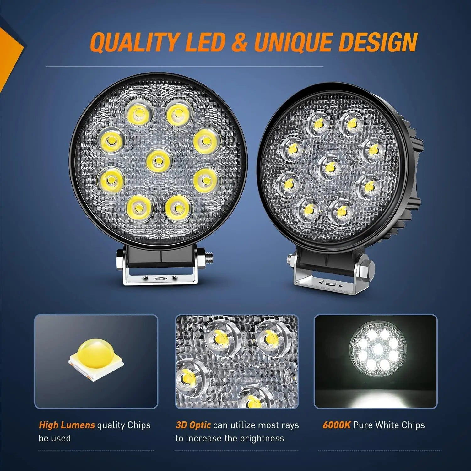 4.5 Inch 27W 3000LM Round Spot LED Work Lights (2 Pairs) - Waterproof Off-Road Lighting for Trucks, ATVs, Boats & Emergency Vehicles