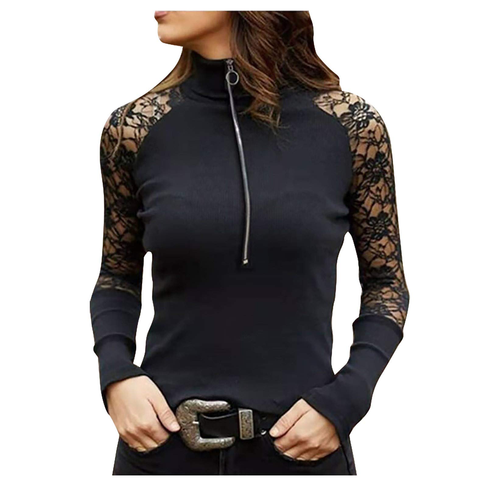 Women's Long Sleeve Lace Collar Half-Zip Sweatshirt - Solid Color Casual Tunic Top for Work, Date Night & Everyday Wear