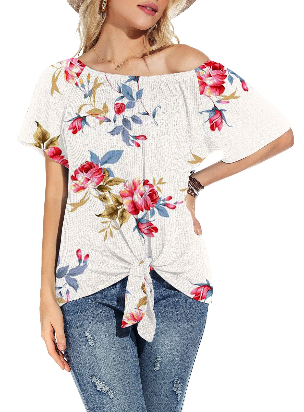 Women's Waffle Knit Off Shoulder Top - Casual Short Sleeve Blouse with Tie Knot Detail | Summer Loose T-Shirt for Beach, Vacation & Date Night Outfits