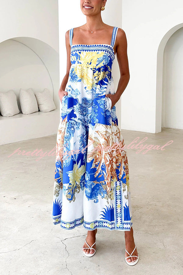 Stylish Printed Square Neck Backless Pocket Maxi Dress for Women - Perfect for Beach Vacations, Summer Parties & Boho Fashion