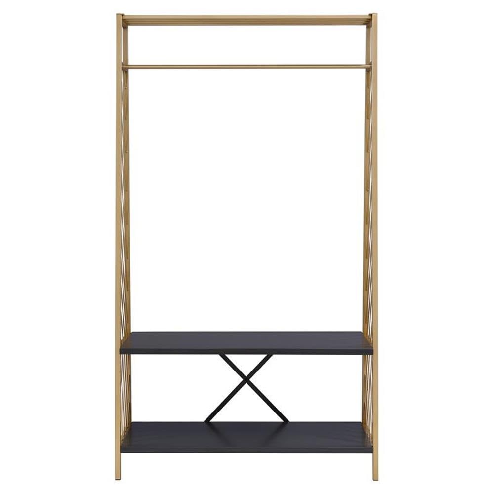 Acme Pahor Gold & Black Metal Hall Tree with 2-Tier Shelves - Entryway Organizer for Coats, Hats & Shoes | Perfect for Mudrooms & Foyers