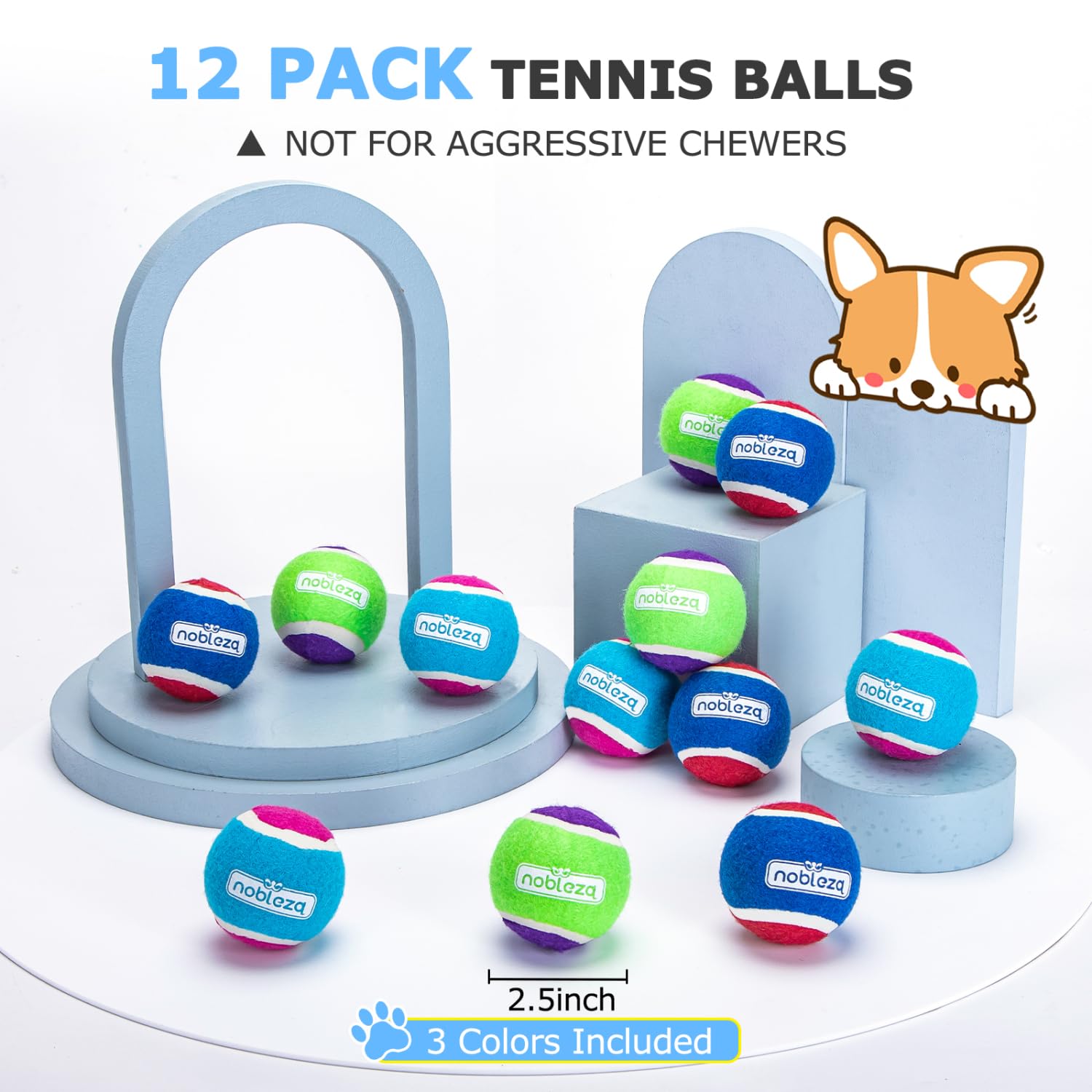 Nobleza 12 Pack Durable Natural Rubber Squeaky Tennis Balls for Dogs - Bouncy, Floatable & Interactive Dog Toys for Fetch, Training & Exercise - Perfect for Small & Medium Dogs (2.5 Inch) - Great for Backyard Play, Pool Fun & Outdoor Adventures