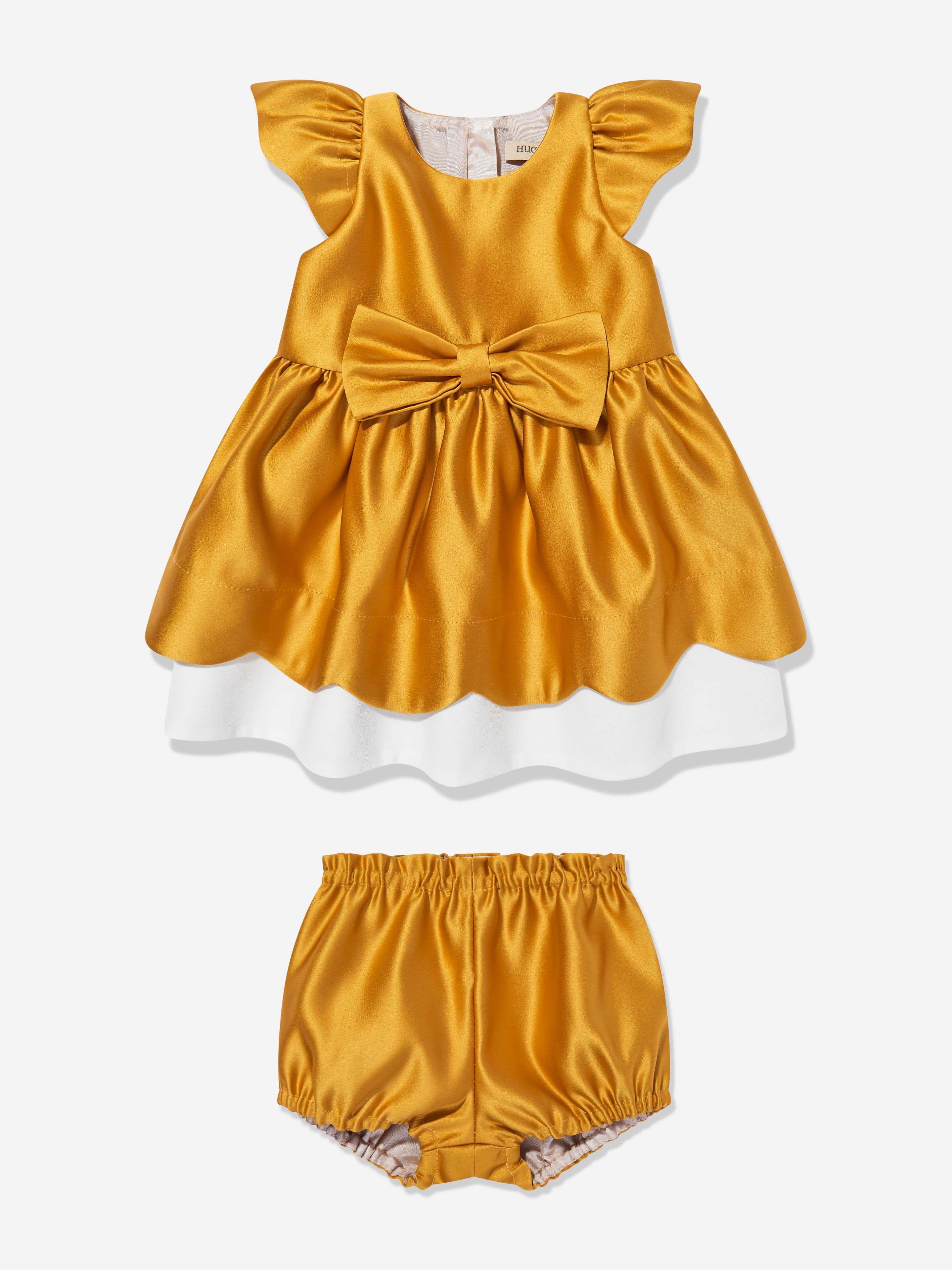 Yellow Baby Girls Scalloped Bodice Dress with Bloomers - Cute Floral Outfit for Photoshoot, Birthday Party & Special Occasions