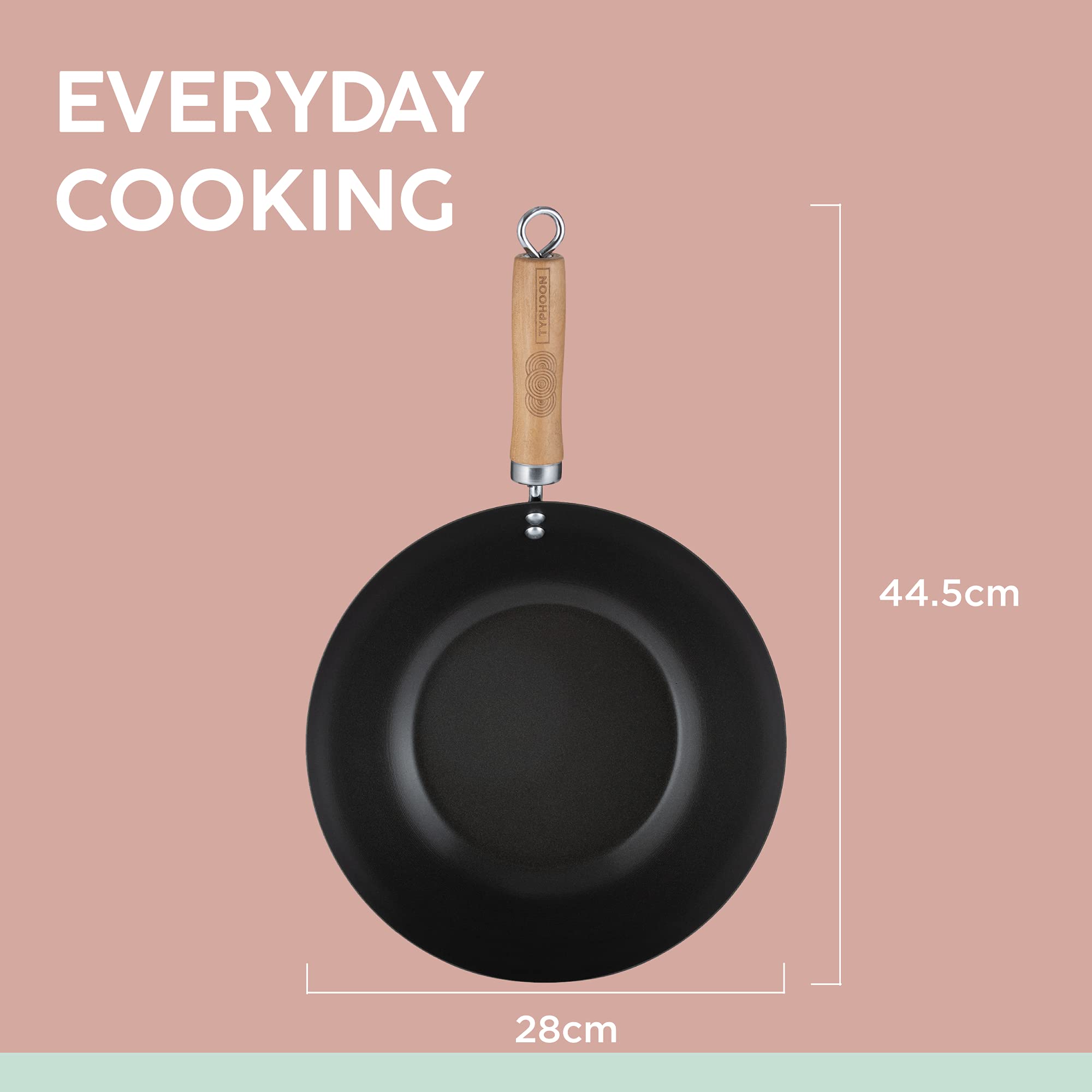 Typhoon World Foods 28cm Non-Stick Carbon Steel Wok Pan - Professional Stir Fry, Saute, Deep Fry & Asian Cooking - Perfect for Home Chefs & Restaurants