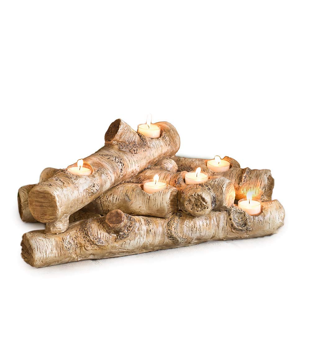 Plow & Hearth Realistic Faux Birch Wood Resin Logs Candle Holder - 18 Inch Fireplace Decor with 8 Tea Lights | Flameless Romantic Ambiance for Home, Wedding, Party | No Heat No Mess Safe Indoor Decoration