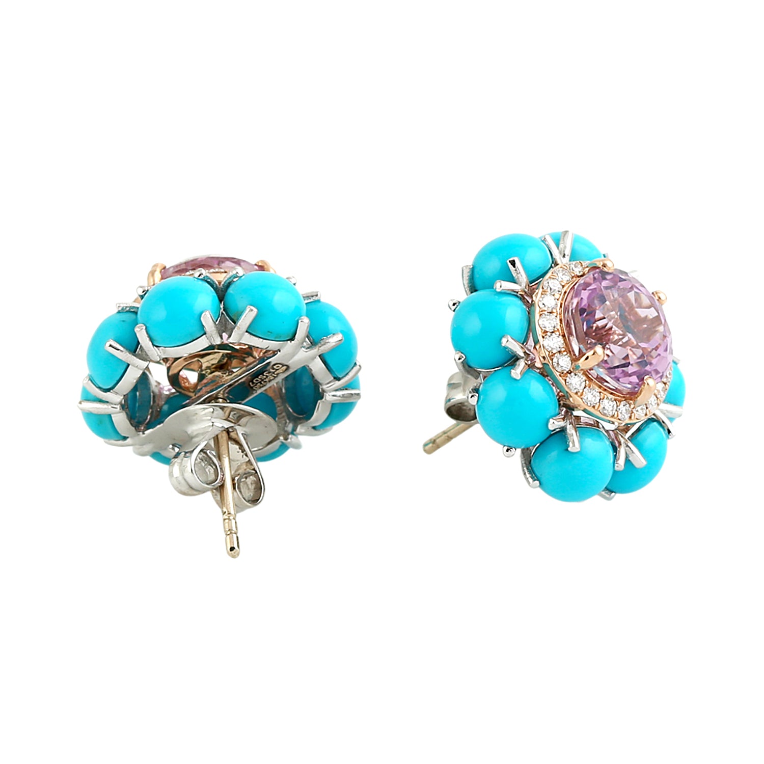 18K White Gold Turquoise Pave Diamond Stud Earrings with Mix Stone Prong Set – Perfect for Weddings, Parties & Everyday Elegance