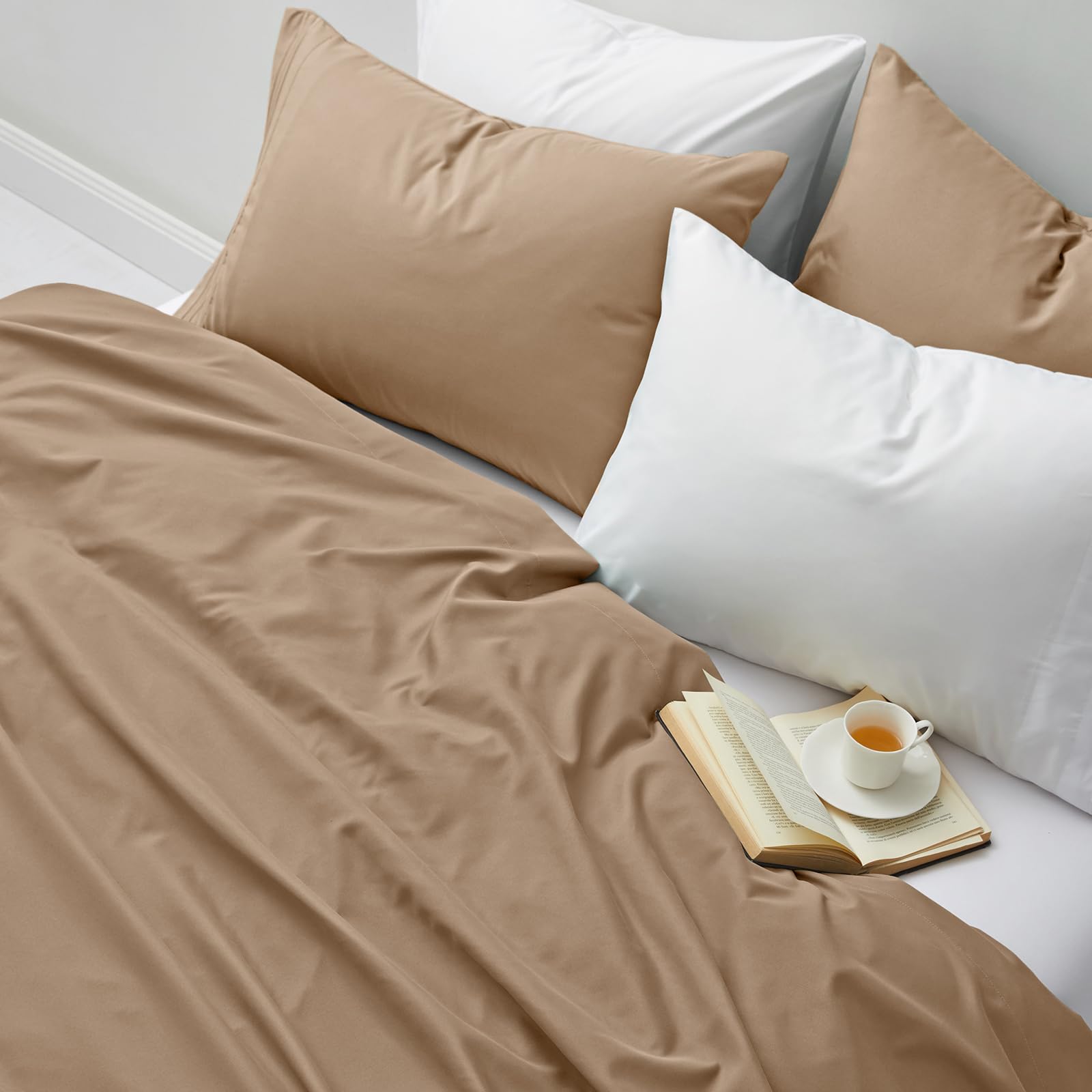 Horbaunal 2 Pack King Size Flat Bed Sheets Only - 1800 Thread Count Microfiber Taupe Wrinkle Free & Ultra Soft Top Sheets - Perfect for Master Bedroom, Guest Room or Vacation Home