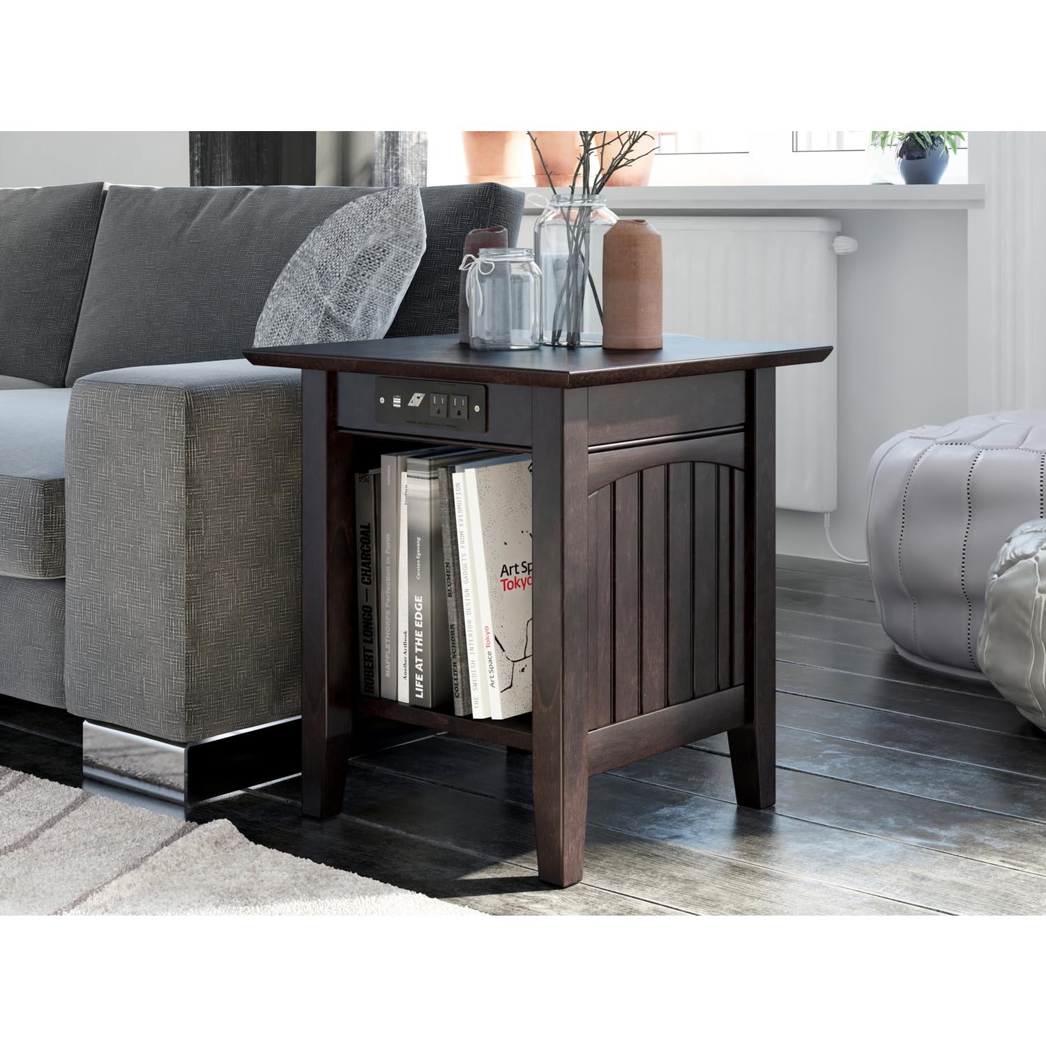 AFI Nantucket End Table with Built-in USB Charger - Espresso Finish Nightstand for Bedroom, Living Room, or Office - Convenient Charging Station for Phones & Tablets