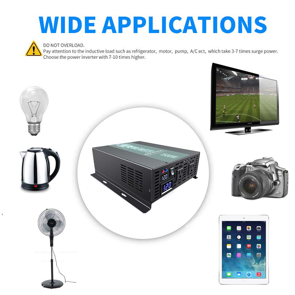 1500W 24V to 120V Pure Sine Wave Power Inverter with Remote Control - Solar Energy Converter for RV, Boat, Off-Grid & Emergency Power Backup