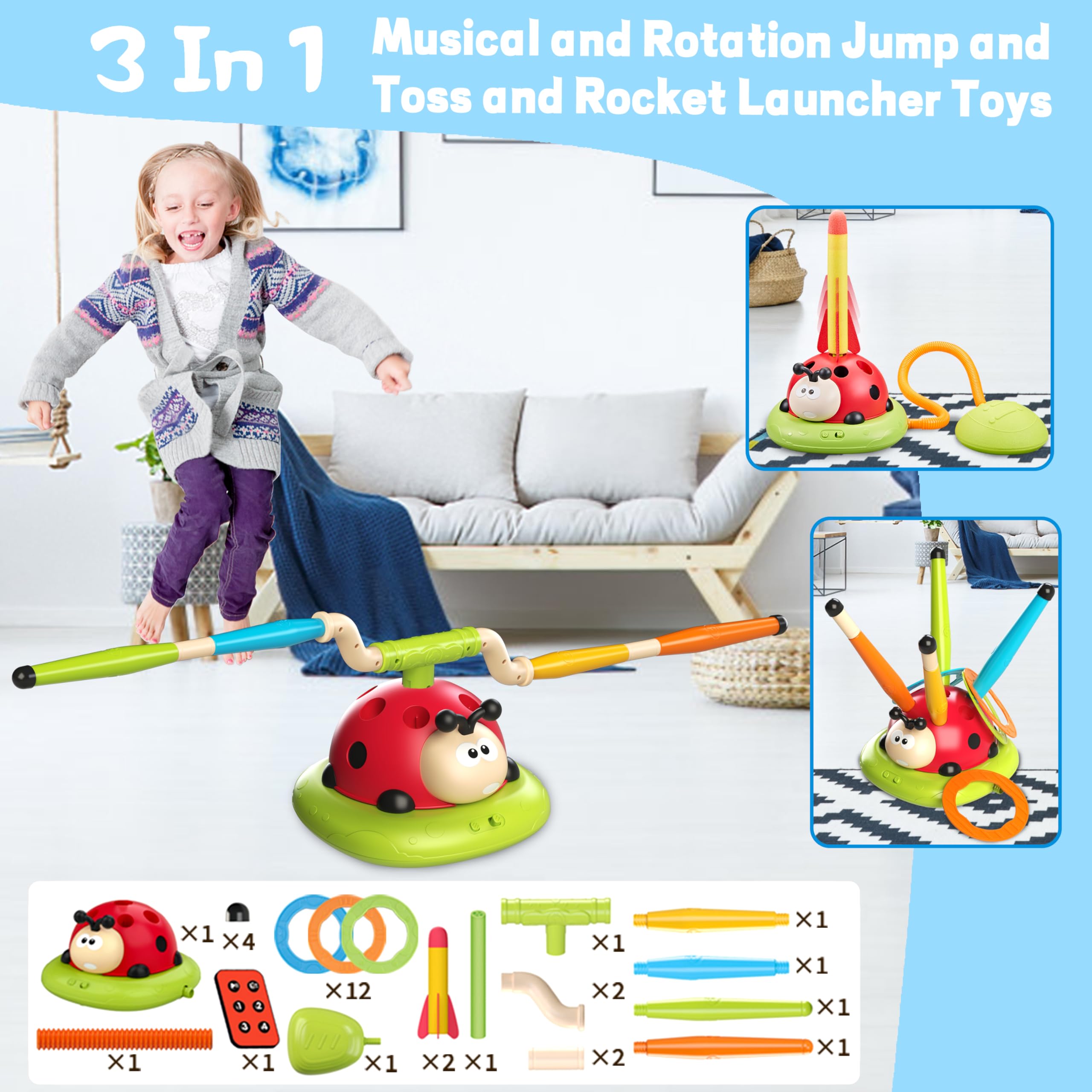 Engfa 3-in-1 Musical Jump & Toss Ring Game Set with Stomping Rocket Launcher - Outdoor Sports Toys for Kids Ages 3-8 - Perfect for Backyard Play, Birthday Gifts & Family Fun Activities