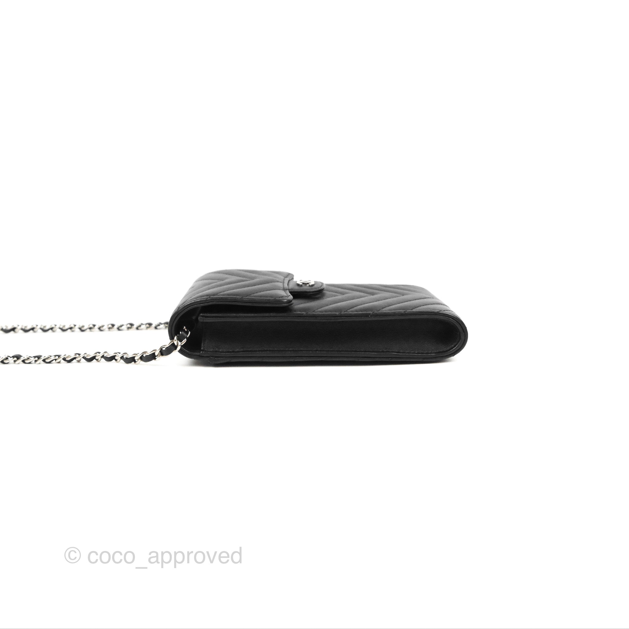 Chanel Classic Chevron Phone Holder - Black Calfskin with Silver Hardware | Luxury Phone Accessory for iPhone & Samsung | Perfect for Office, Travel & Daily Use