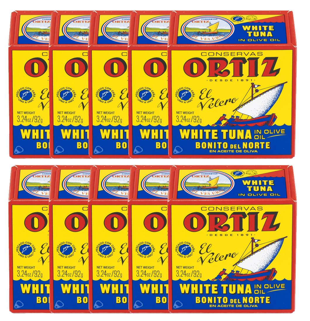 Premium Ortiz White Tuna in Olive Oil - Wild Caught Spanish Albacore, High Protein & Omega-3 Fatty Acids - Fresh Tender Slices for Salads, Pasta, Sandwiches & Tapas - No Mayo Needed - 3.24oz Cans (Pack of 10) - Perfect for Keto, Paleo & Mediterranean Diets