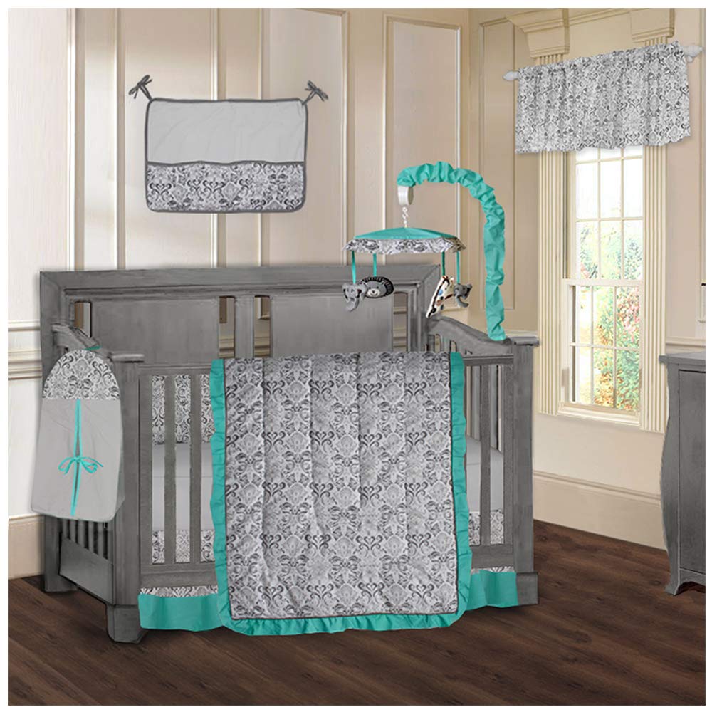 BabyFad Damask Turquoise 9-Piece Baby Crib Bedding Set - Soft Nursery Bedding for Boys & Girls - Perfect for Newborns, Infants & Toddlers
