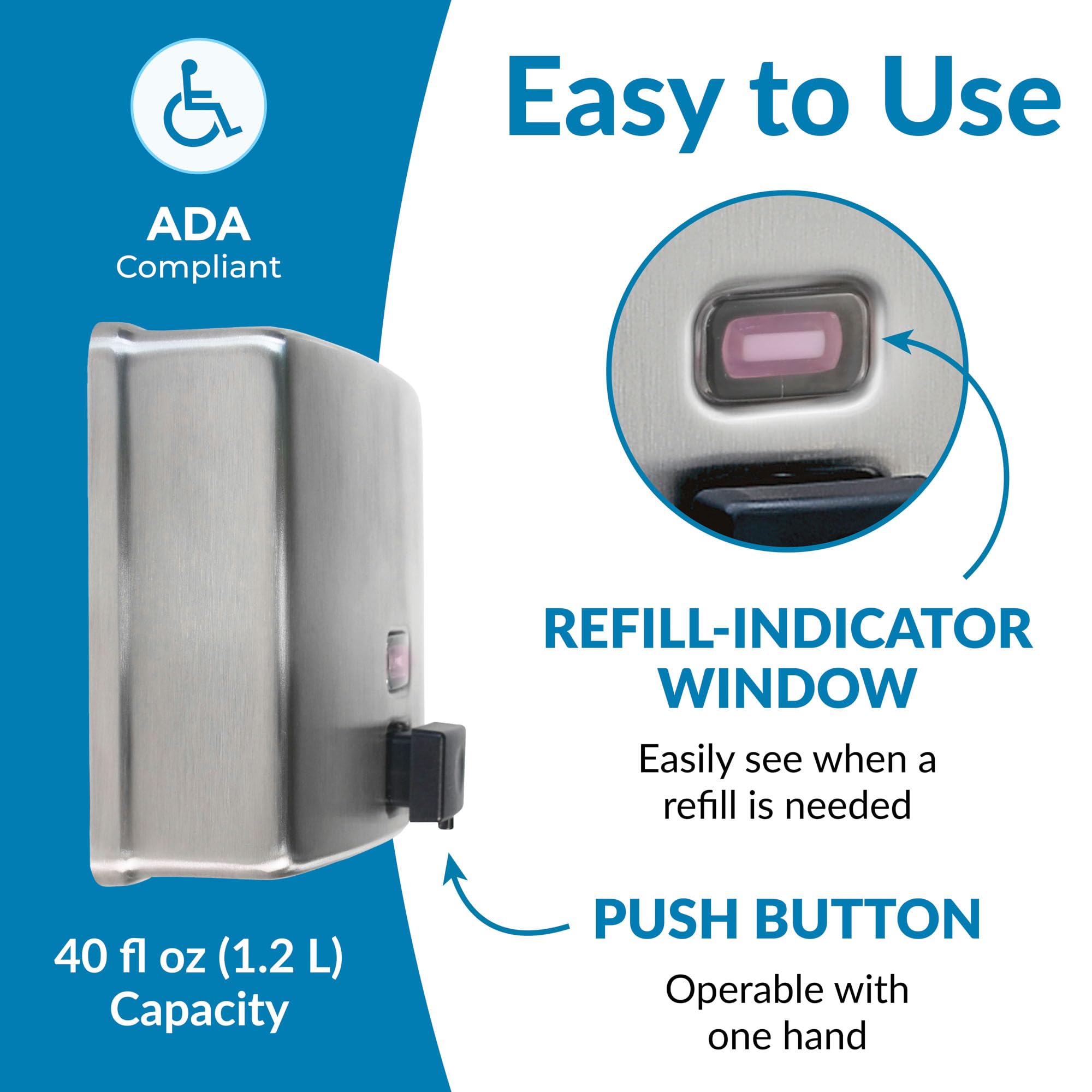 Bobrick B-4112 Wall-Mounted Liquid Soap Dispenser - 40oz Stainless Steel Commercial Soap Dispenser with Vandal-Resistant Design & Refill Indicator - Top Fill Soap Dispenser for Restrooms, Hospitals, Schools & Office Buildings