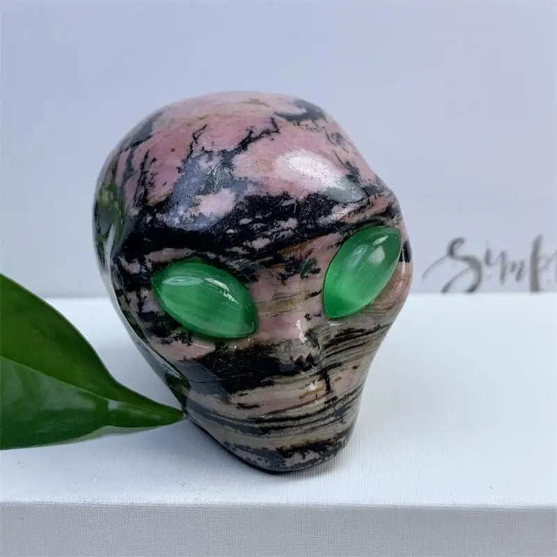 Natural Rhodonite Alien Skull Crystal Carving - 2 Inch Healing Stone for Energy, Meditation & Home Decor | Unique Spiritual Gift for Kids & Adults | Perfect for Reiki, Yoga Spaces & Collection Displays
