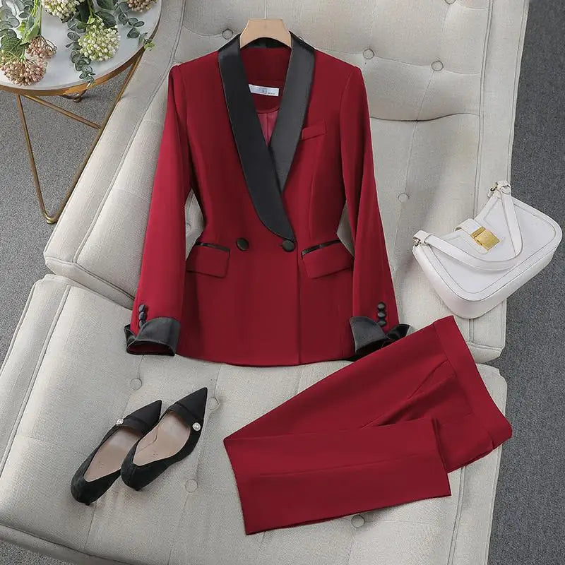 Elegant Women's Autumn Work Blazer Suit Set - Black & Red Patchwork Double Breasted Coat with High Waist Pants for Office Ladies | Professional Outfit for Business Meetings & Formal Occasions