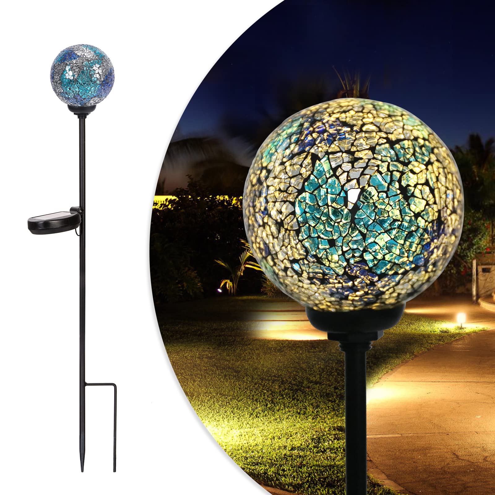 Solar Gazing Ball Mosaic Garden Stakes - Waterproof Outdoor Solar Lights for Pathway, Yard & Lawn Decoration (Blue) | Perfect for Garden, Patio, Walkway & Landscape Lighting at Night