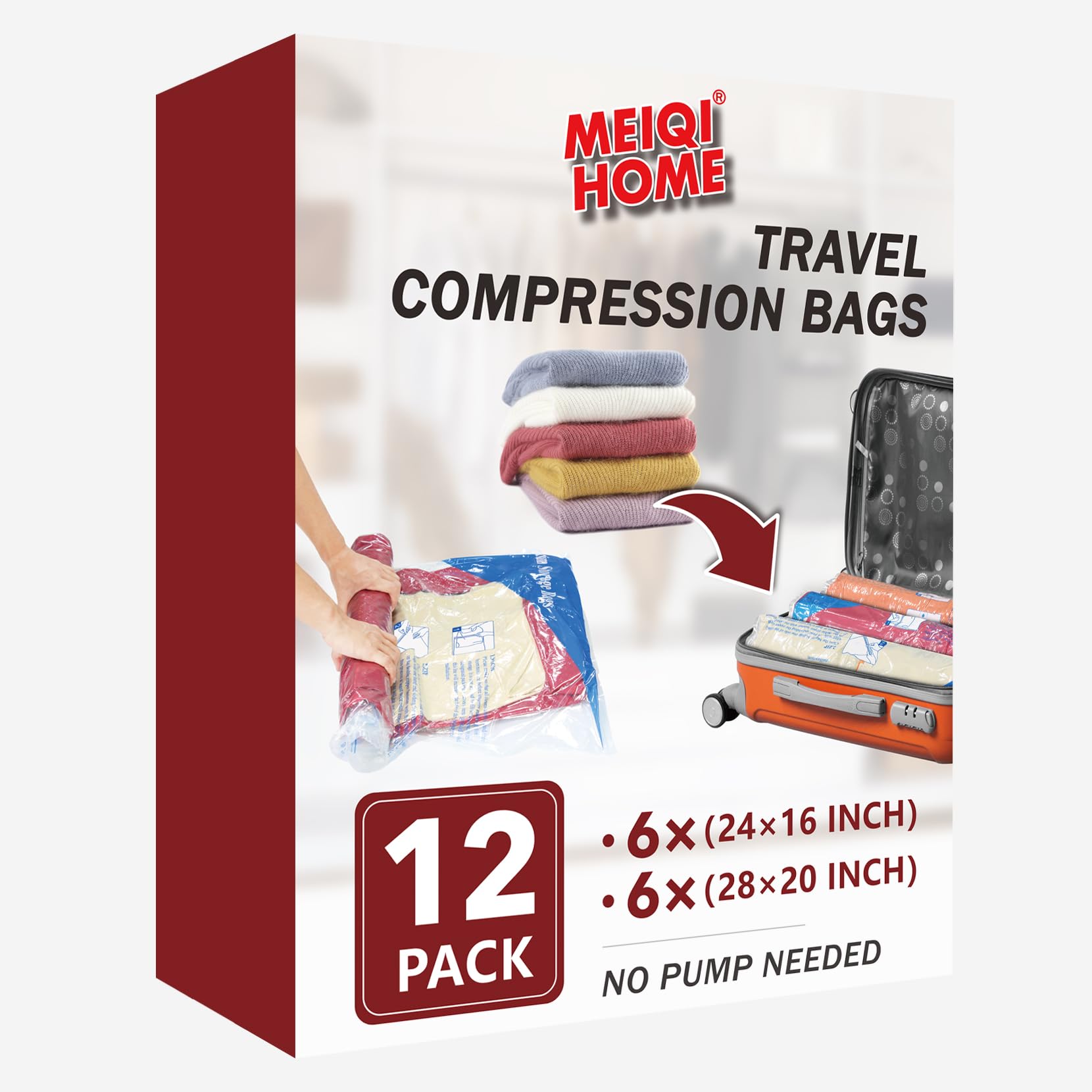 12 Pack Vacuum Compression Bags for Travel - Space Saving Storage Bags for Luggage, Clothes & Home Organization | Waterproof & Reusable | Perfect for Travel, Moving & Seasonal Storage | MEIQIHOME