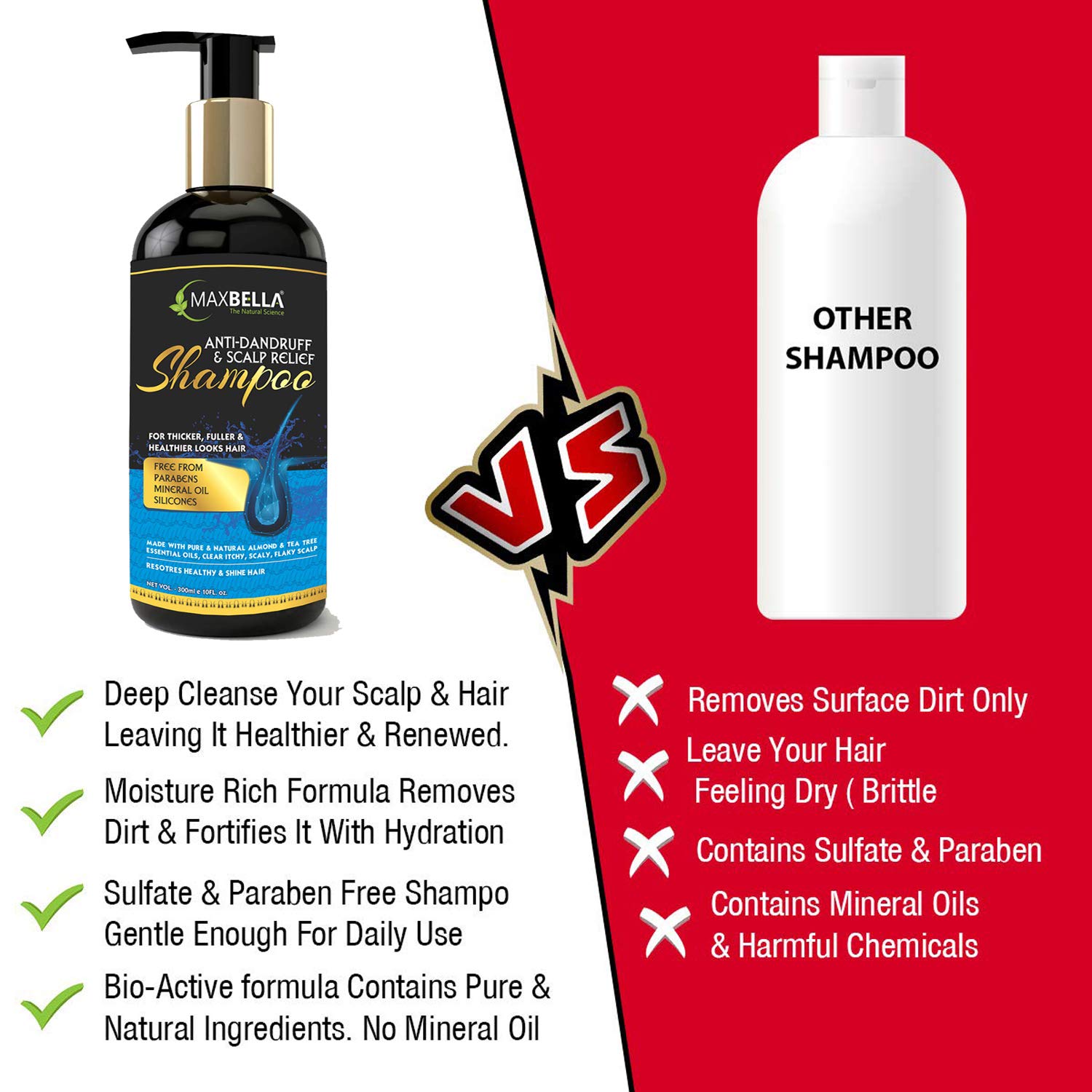 MaxBella® Anti-Dandruff Shampoo with Almond & Tea Tree Oil - Paraben & Mineral Oil Free - 300ml Scalp Care for Men & Women - Perfect for Dry, Itchy Scalp & Flake Relief